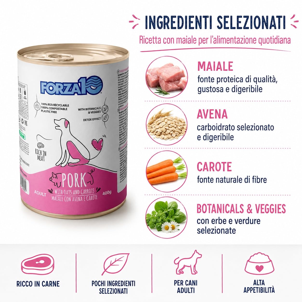 Maiale,Avena e Carote – Forza10 Cibo Umido per Cani Adulti di tutte le Taglie e Razze, Monoproteico, 12 Lattine x 400g, Alimento Completo Ricco in Carne.