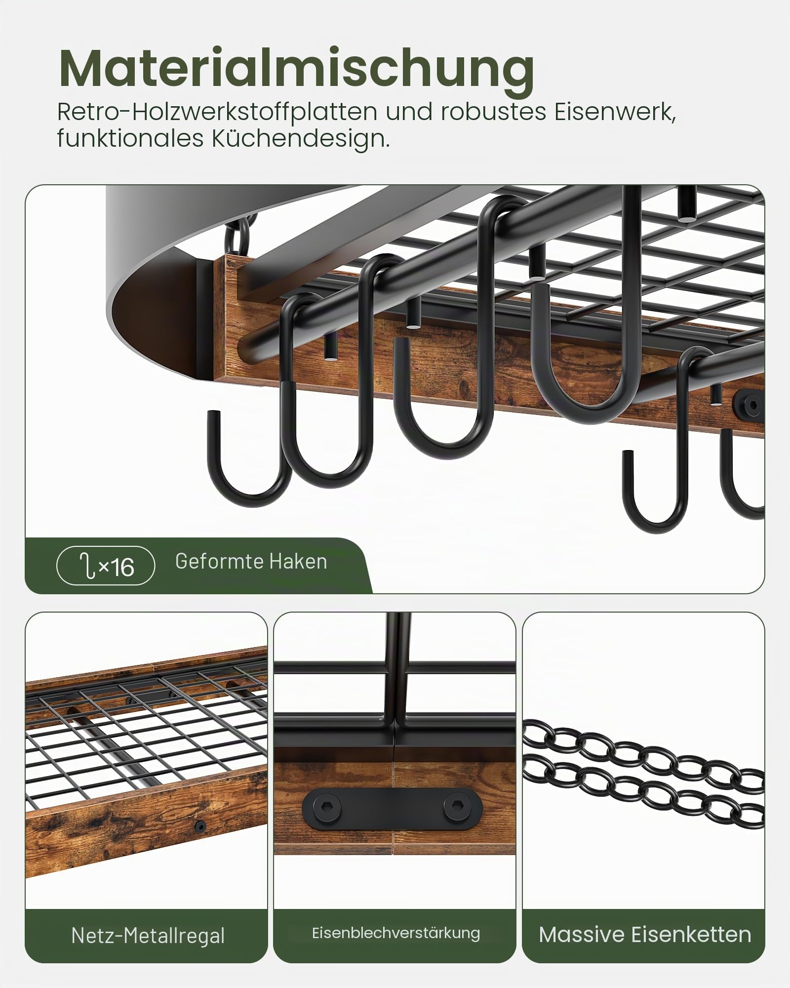 CHOEZON 80,5 cm Küchenregal hängend, hängendes Küchenregal, Topfregal Deckenregal, Topfdeckelhalter, Pfannenhalter, Küchenorganizer mit 16 Haken, Metallgestell, Vintagebraun und Schwarz DTPR09BF