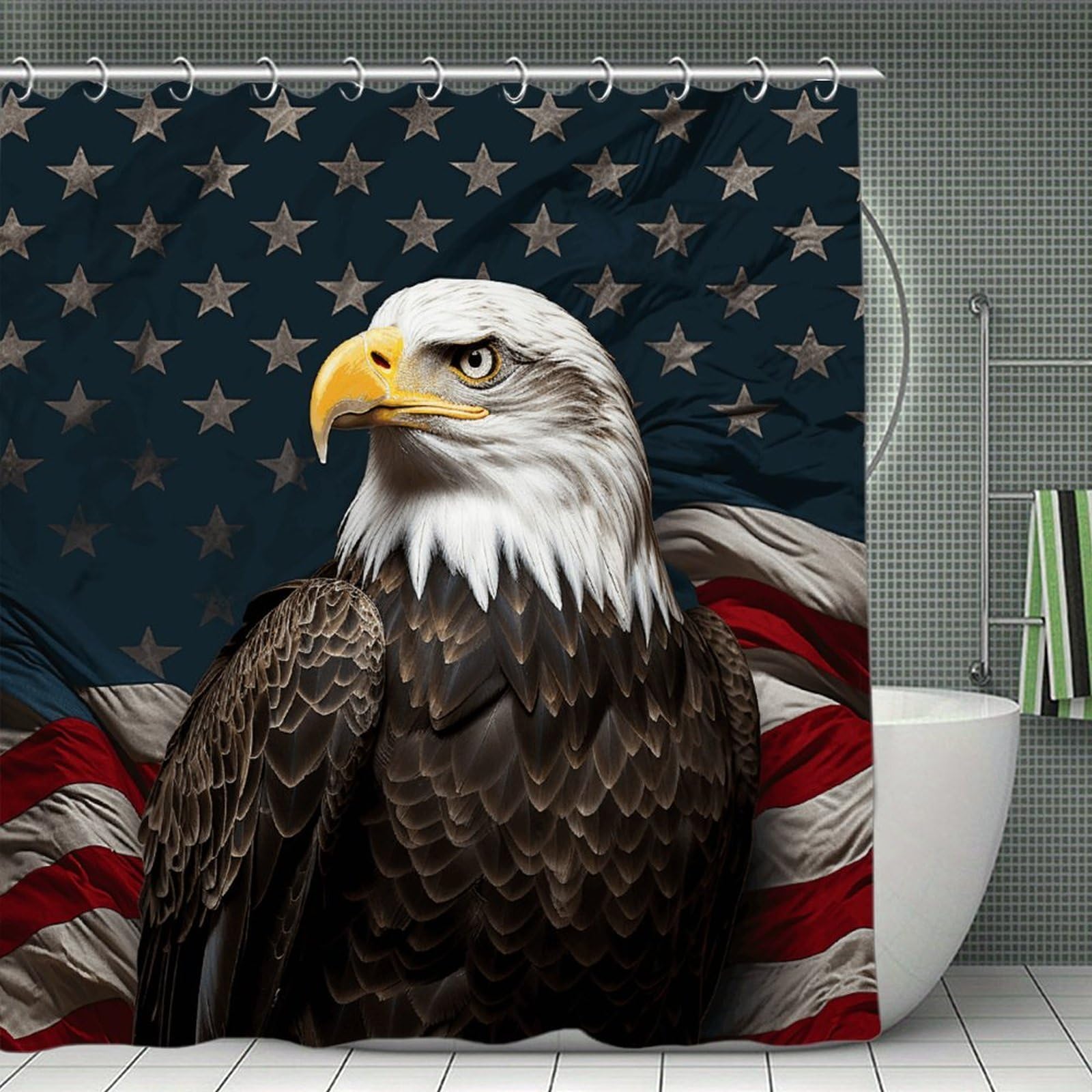 VstaDank American Bald Eagle Sitting on Flag Ribbon Bath Curtain Elegant Heavy Duty Shower Curtains 70x70 in Rustic Farmhouse Cloth Shower Curtains Neutral Modern Bath Curtain for Bathroom