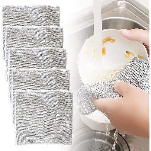 Multipurpose Wire Dishwashing Rags for Wet and Dry, New Double Layer Wire Cleaning Cloths Non Scratch Wire Dishcloth Rag, Reusable Scrubbing Pads for Washing Dishes Kitchen Supplies (5PCS)