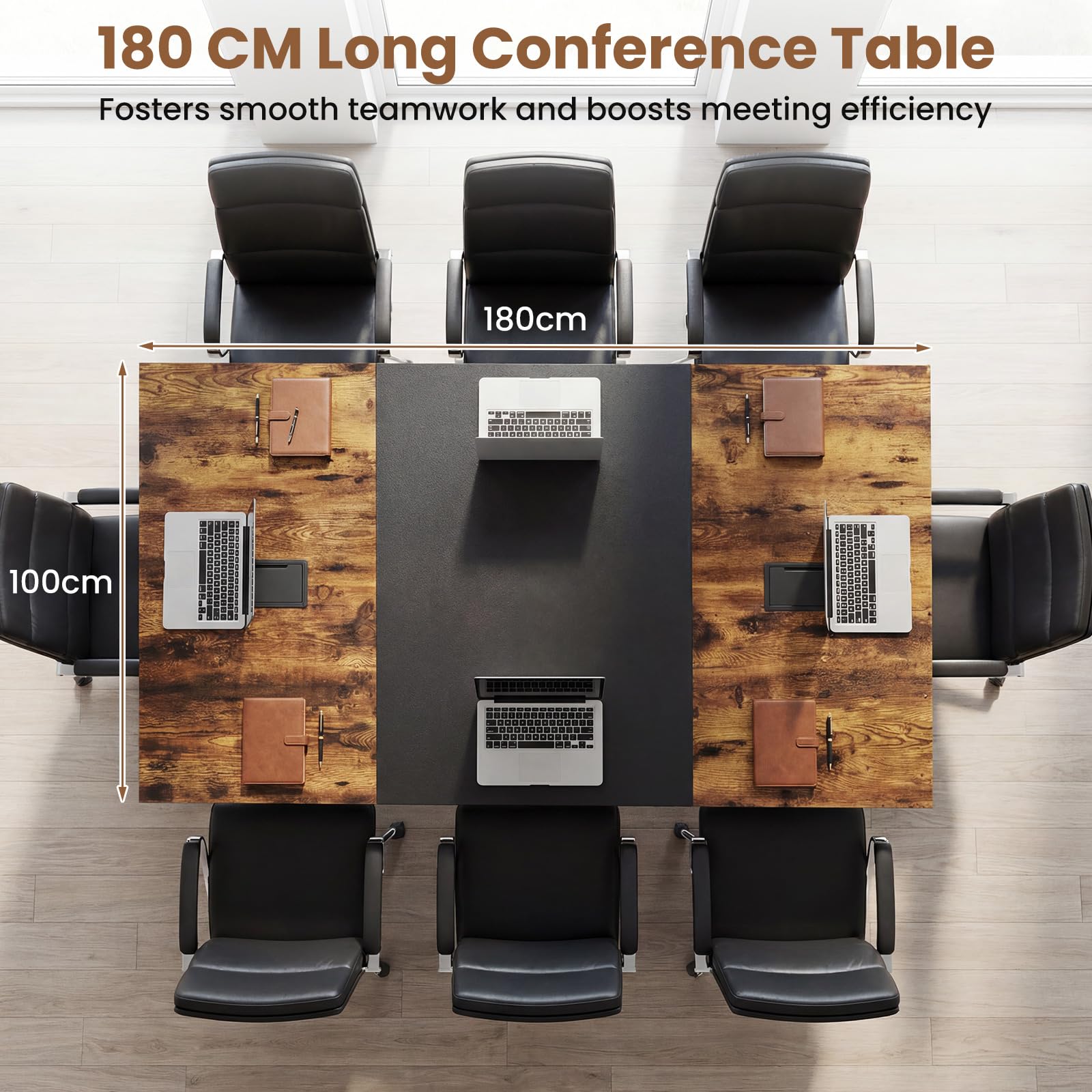 GIANTEX Table de conférence 180 x 100 cm - Grande table de réunion pour 6 à 8 personnes - Table de bureau rectangulaire avec 2 passages de câbles - Structure en métal - Charge maximale : 120 kg - Pour