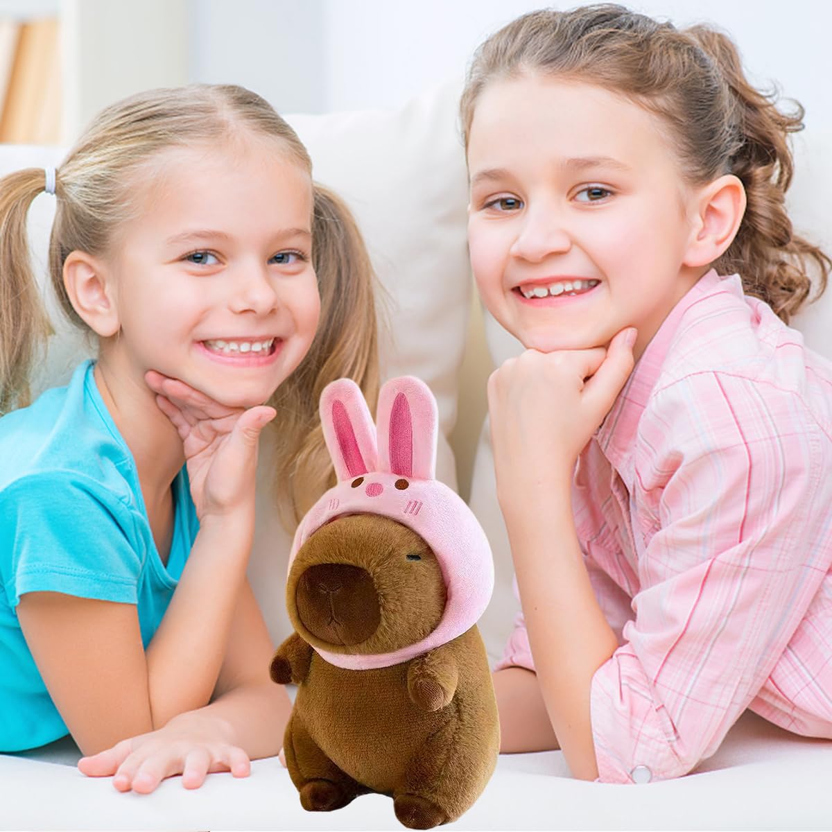 ZPSOSPZ Capybara Plush Toy, Capybara with Bunny Hat, Animal Stuffed Toy, Simulation Soft Toy, Pink & Beige Crossbody Bags, Cute Soft Stuffed Animal Gift For Kids Girls Boys, 25 cm - Image 2