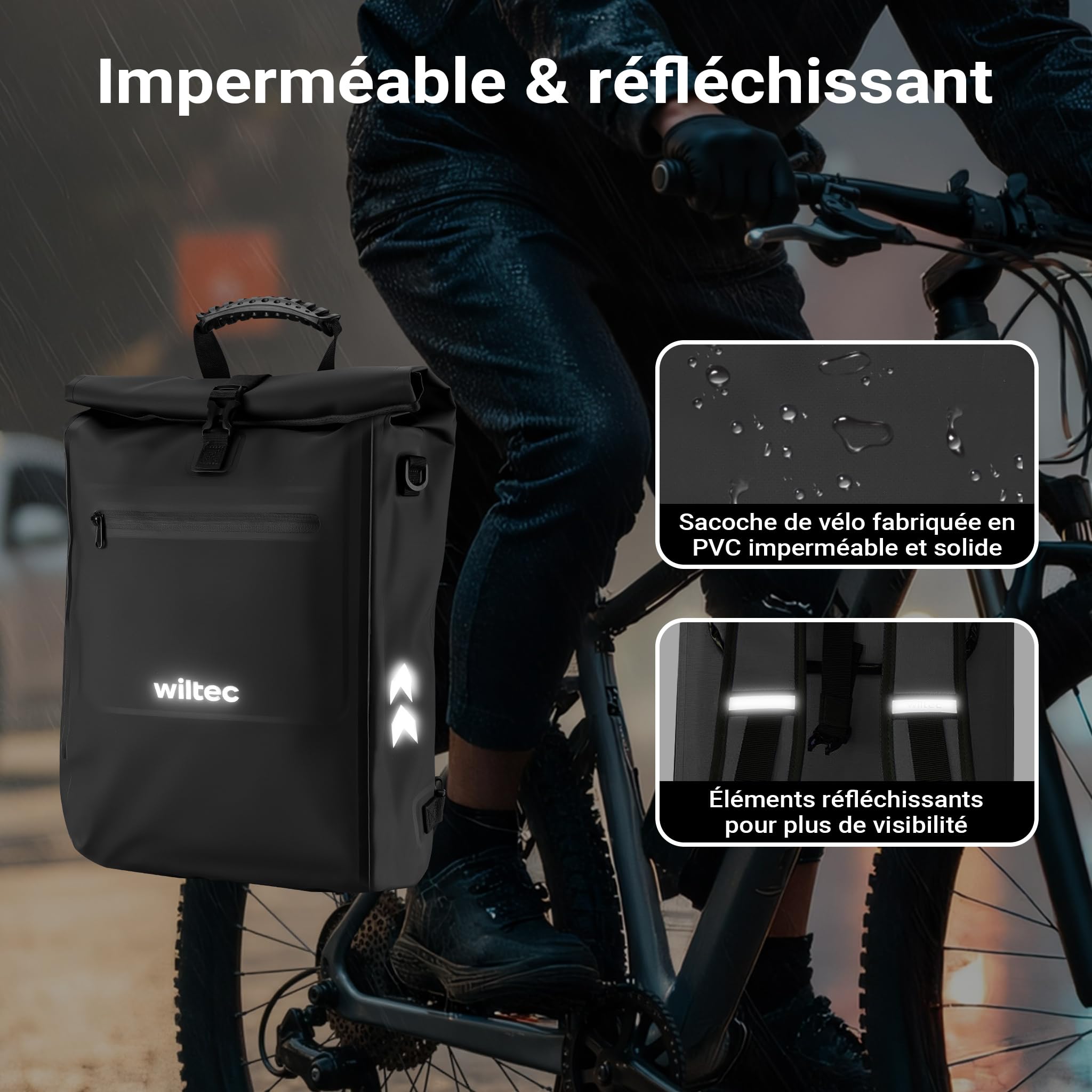 Wiltec Sacoche sac à dos étanche pour porte-bagages noire – capacité de 25 L – en 500D PVC – avec compartiment pour ordinateur portable – pour vélos et vélos électriques – Sac de bicyclette – Cyclisme