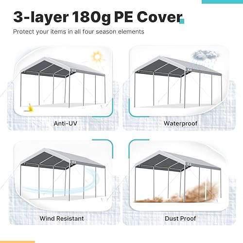 Miniatura 4 de ADVANCE OUTDOOR Cochera resistente de 10 x 20 pies, altura ajustable, toldo para automóvil, tienda de campaña para fiesta, barco, refugio, gris