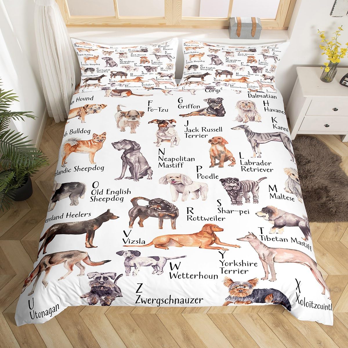 Kids Dog Bedding Set Cute Puppy Dogs Duvet Cover for Boys Girls Bedroom ABC Alphabet Educational Decor Comforter Cover Set Women Men Dog Lover Bedspread Cover With 2 Pillow Case Super King
