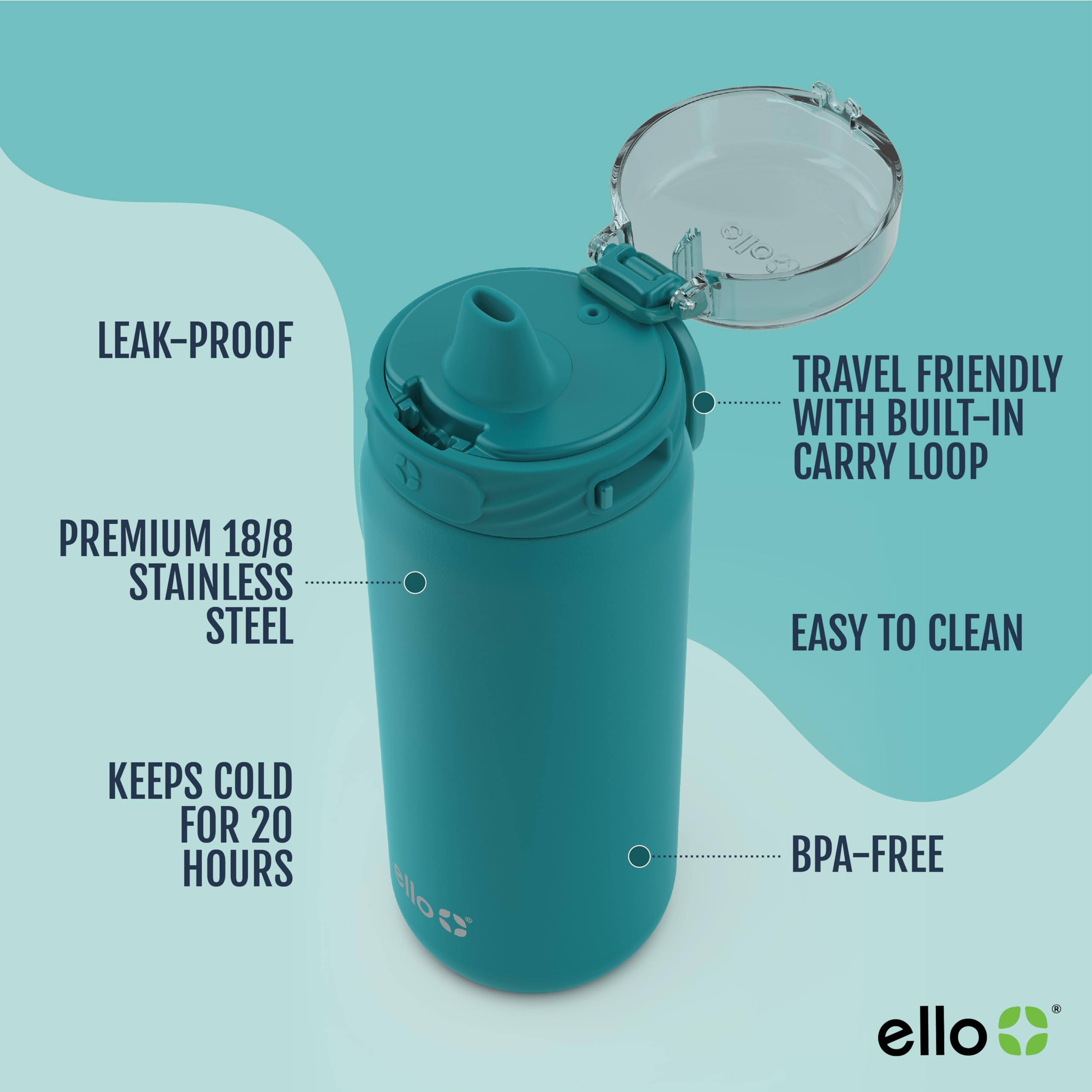 Ello Cooper - Bottiglia d'acqua in acciaio inox da 532 ml per bambini, con cannuccia e maniglia per il trasporto, a doppia parete e isolamento sottovuoto, coperchio di bloccaggio a prova di perdite