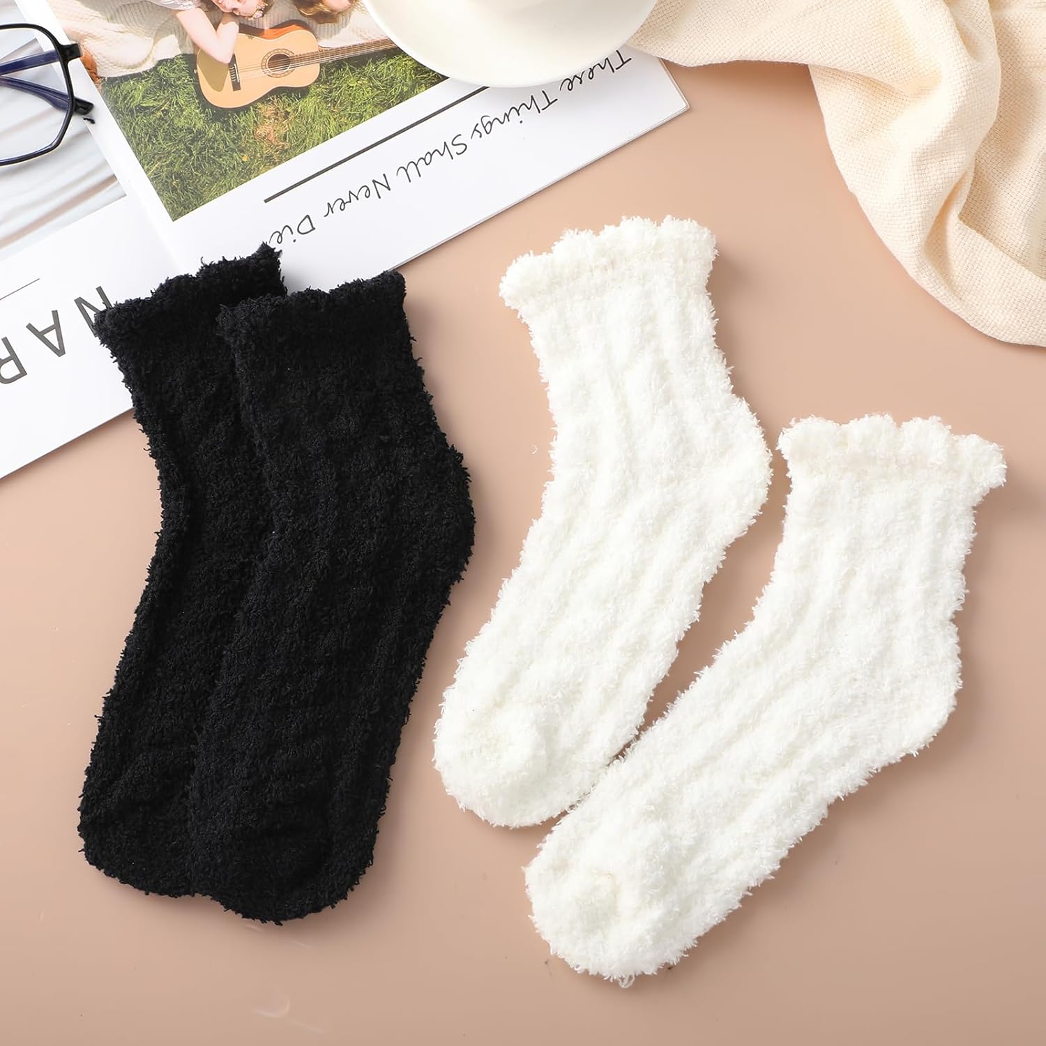 Mepase 60 Pairs Women Fuzzy Socks Bulk Winter Warm Soft Coral Fleece Cozy Fluffy Sleep Plush Slipper Socks Coral Fleece (black & White) - Image 2