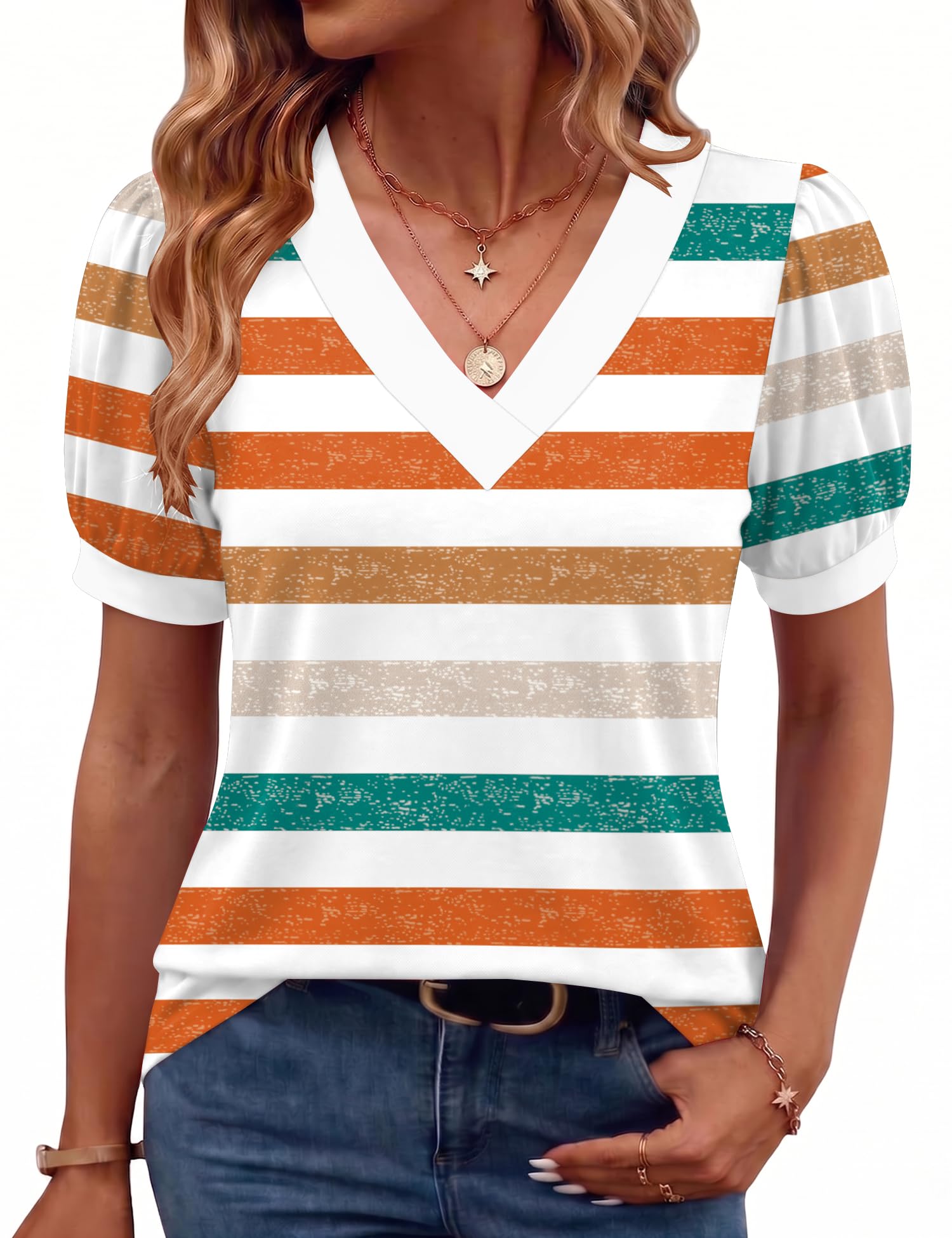 Rapbin Damen Bluse Kurzarm V-Ausschnitt Puff Oberteile Locker Blusen Sommer 2026 Top Elegant Mit Kurzen Ärmeln T-Shirt