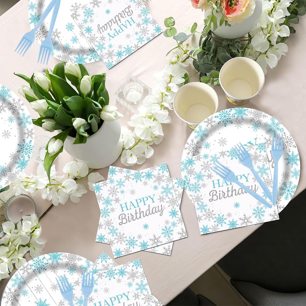 96Pcs Winter Snowflake Happy Birthday Party Tableware Supplies Winter Wonderland Plates and Napkins Winter Xmas Birthday Party Set Decorations Serve 24 Guests - Image 6