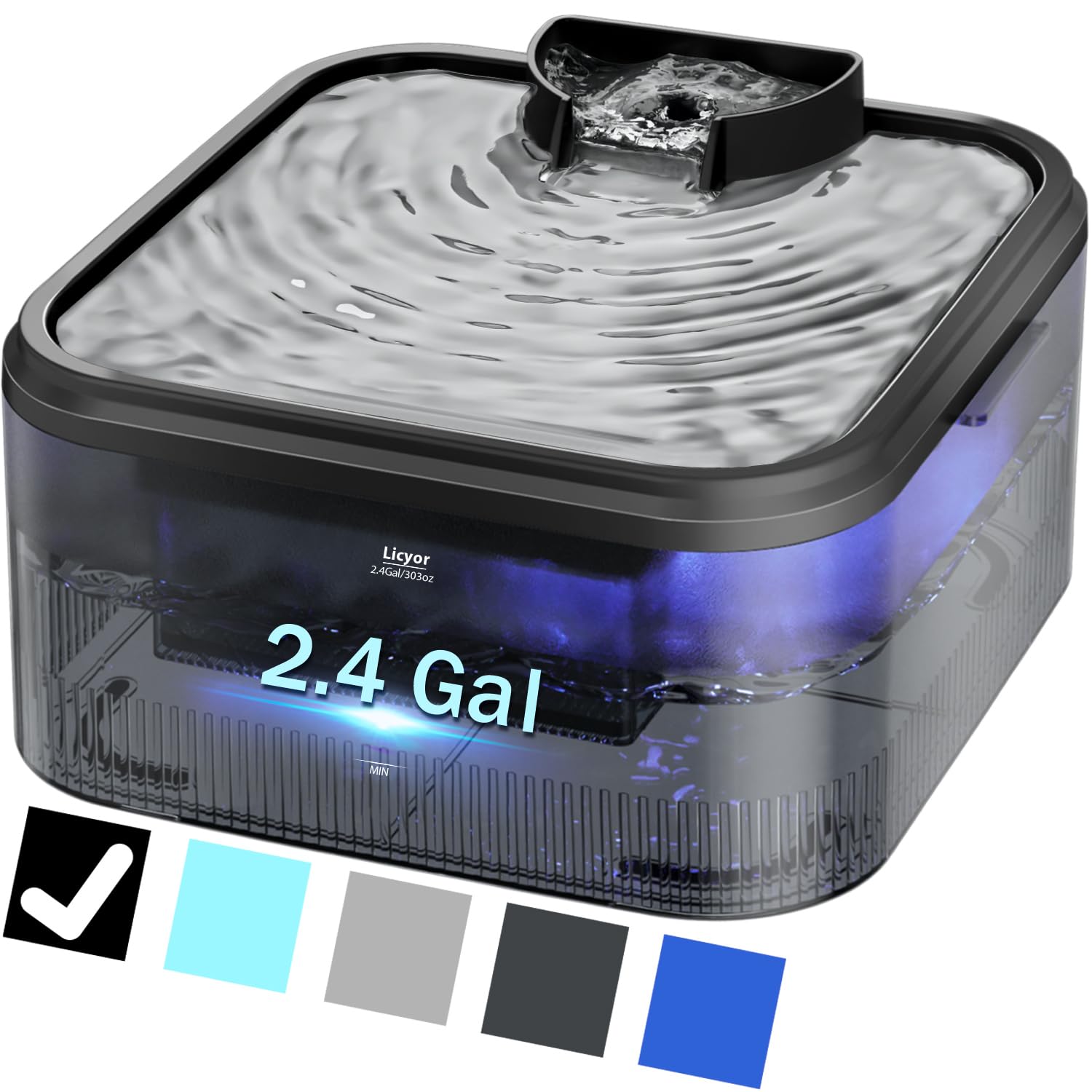 2.4Gal/9L Large Dog Water Fountain, Pet Water Fountain Ultra Quiet Cat Fountain Water Bowl with Filtration, Adapter, Colorful LED Indicator, Water Dish for Dogs, Cats, Multiple Pets, BPA-Free