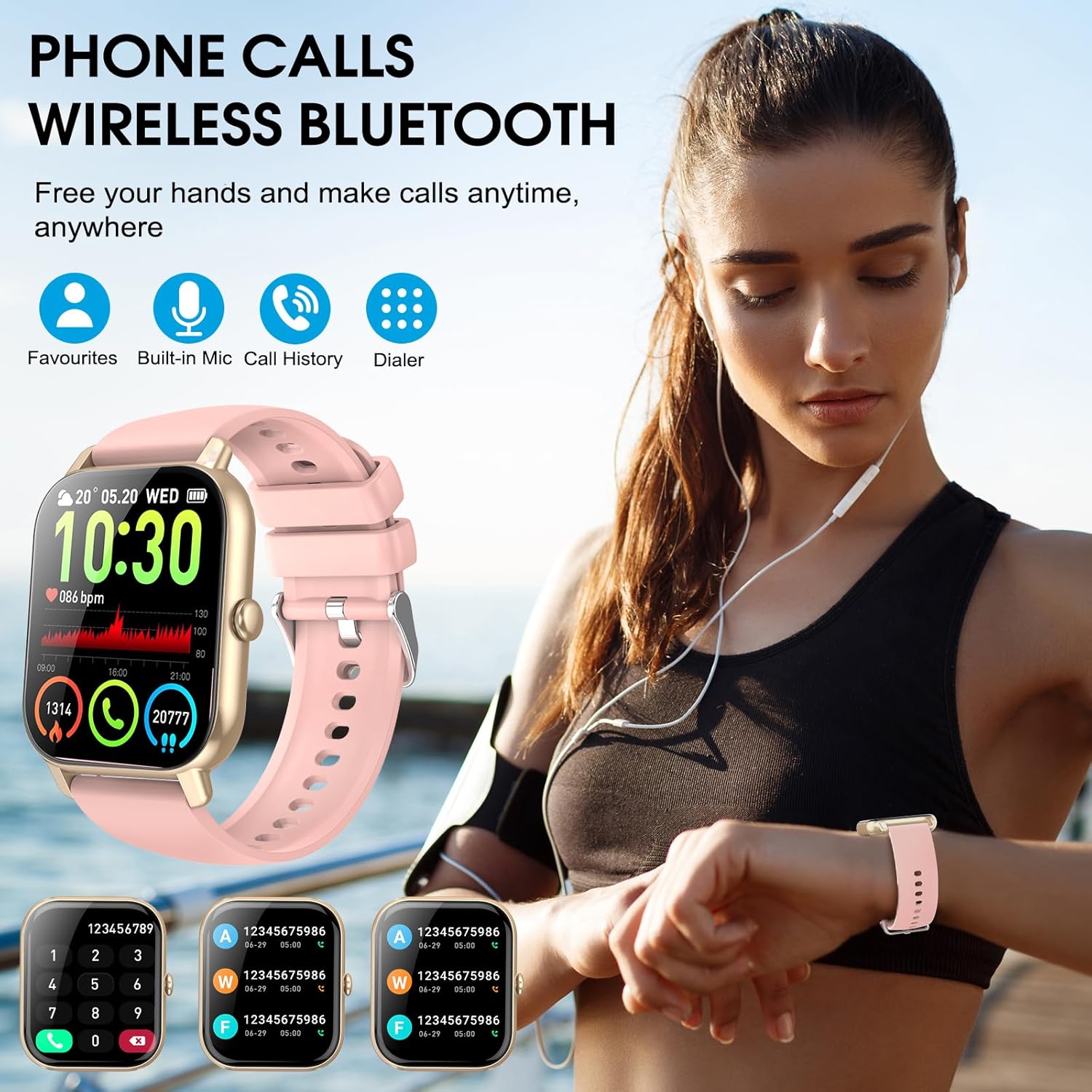 Woman wearing DUSONLAP Smartwatch P66E, demonstrating Bluetooth call functionality with a phone in the background.