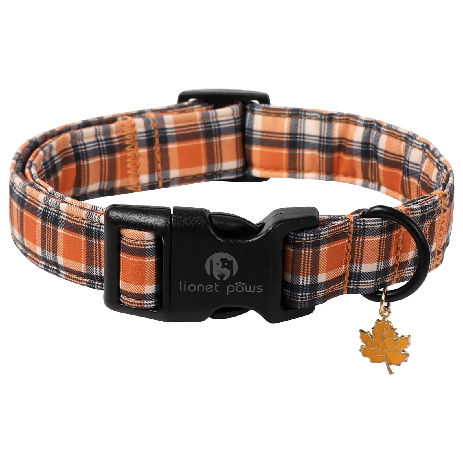 Lionet Paws Halloween Dog Collar- Cute Blank Orange Grid Fall Dog Collars with Plastic Buckle and Leave Pendant