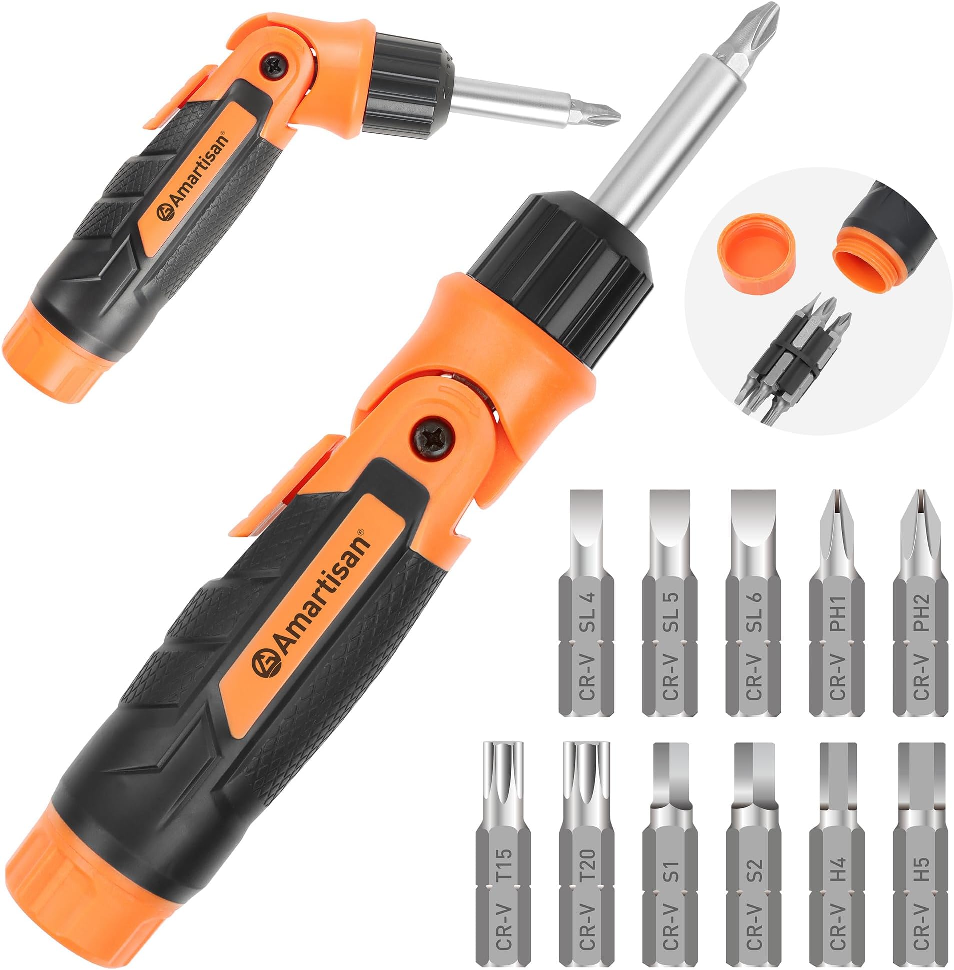 Amartisan 12-in-1 Multi Bit Screwdriver, Ratchet Screwdriver, 60-Degree Adjust Precision Screw Driver, Slotted/Philips/Torx/Square/Hex