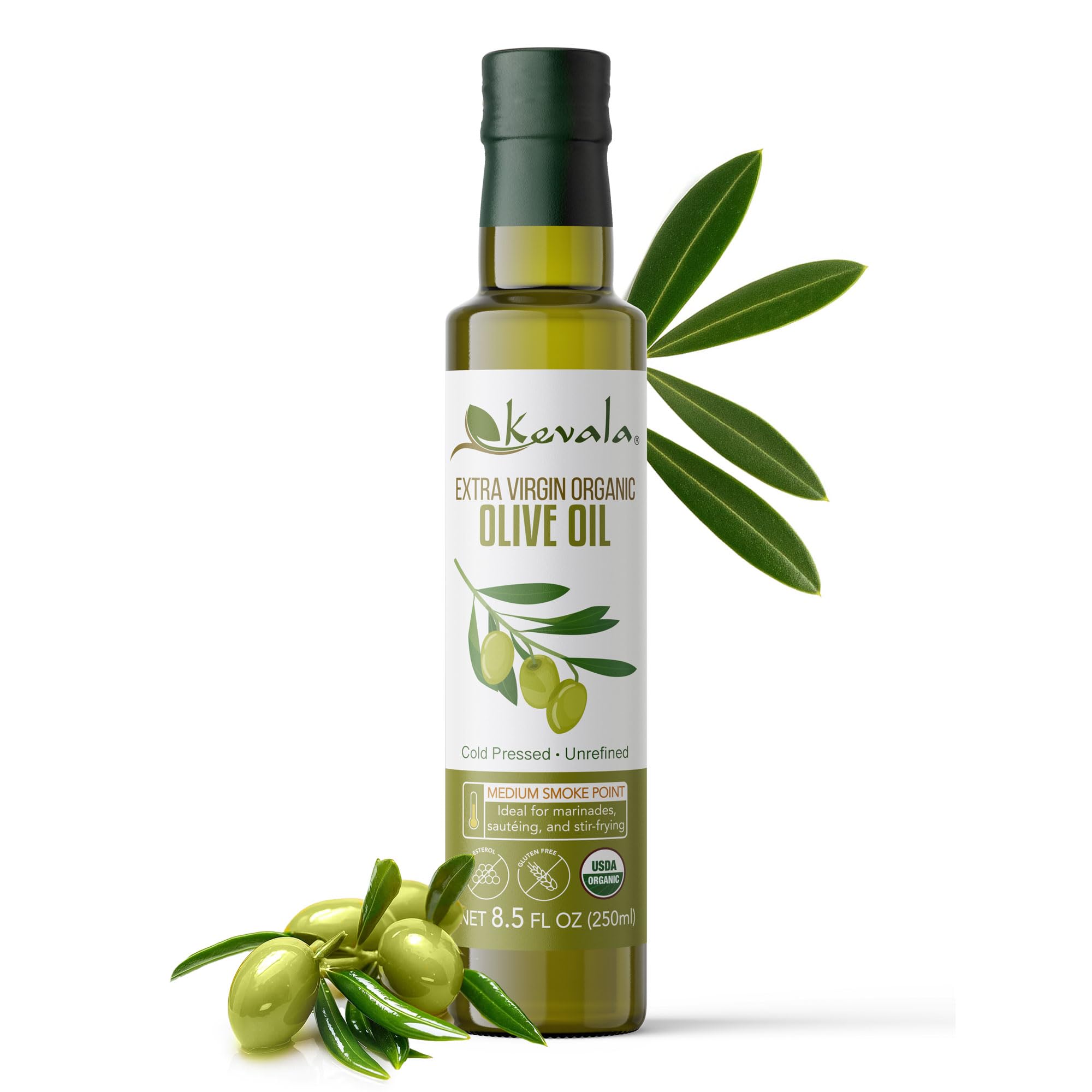 Kevala Extra Virgin Organic Olive Oil: Unrefined Olive Oil with no Additives for Cooking and Baking at Home, Smooth Base for Salad Dressings, Gluten-Free Finishing Touch for Meals, Glass Bottle 8 oz