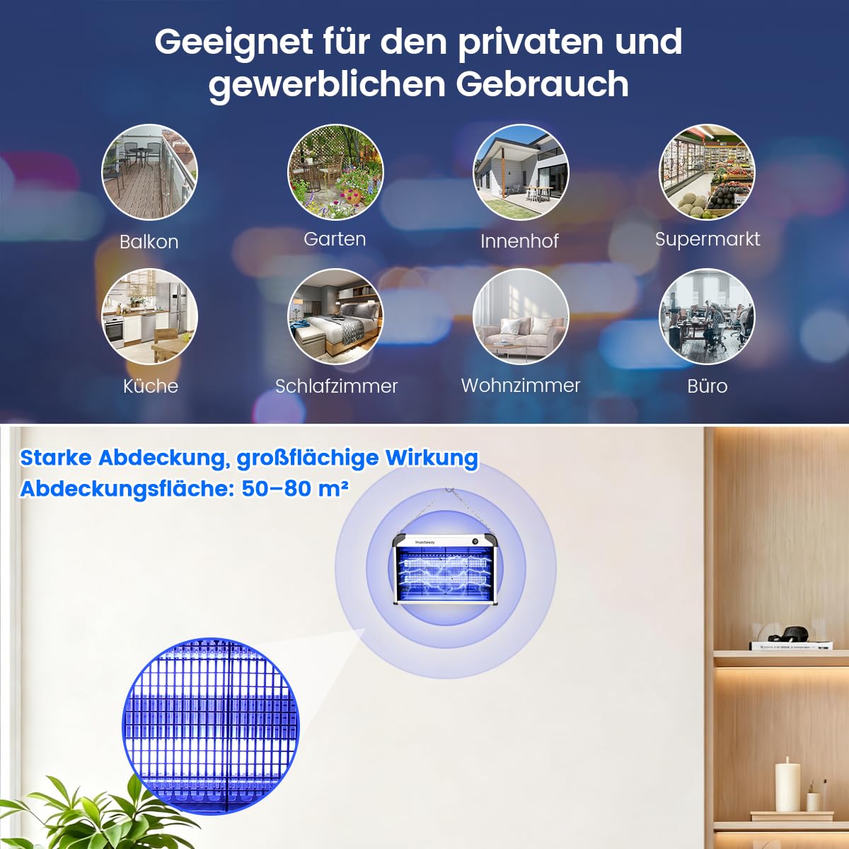 Insektenvernichter Elektrischer 2PCS, 20W UV Doppelgitter 2400V Fliegenfalle Elektrisch Mückenfalle Insektenfalle, Moskito Killer Mückenlampe mit Wandkette für Innen AuÃŸen Mücken
