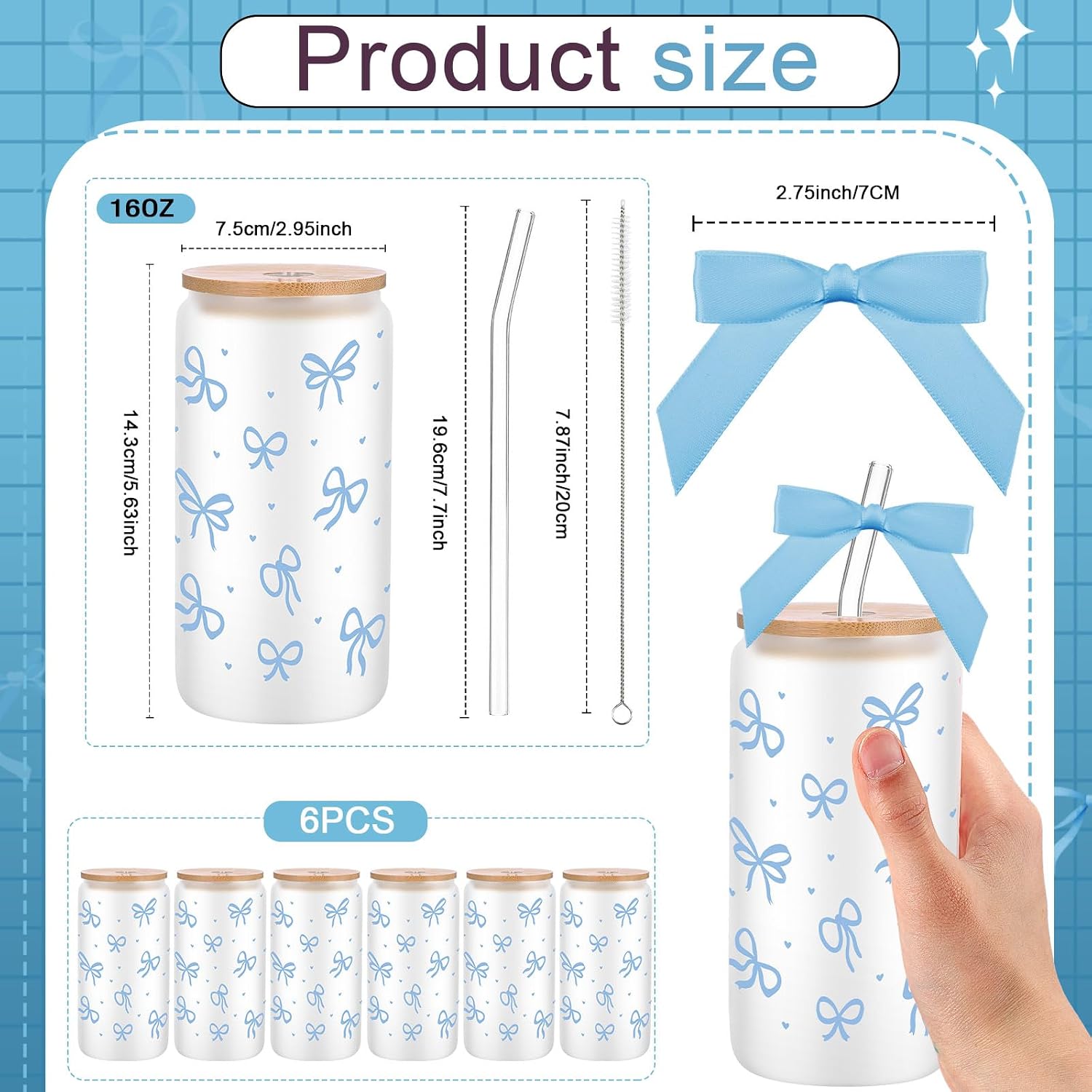 6 Sets 16oz Coquette Aesthetic Bow Glass Cups for Graduation Teacher Coworkers Gifts Cute Bow Glass Coffee Cups with Lids Straws Reusable Smoothie Tumbler Decor (Blue)