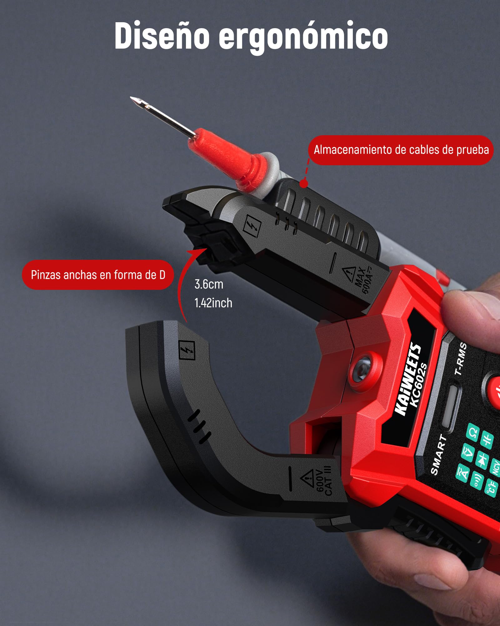 KAIWEETS Tenazas de corriente 600A TRMS, calibrador de corriente digital, 6000 cuentas, CA/CC, NCV