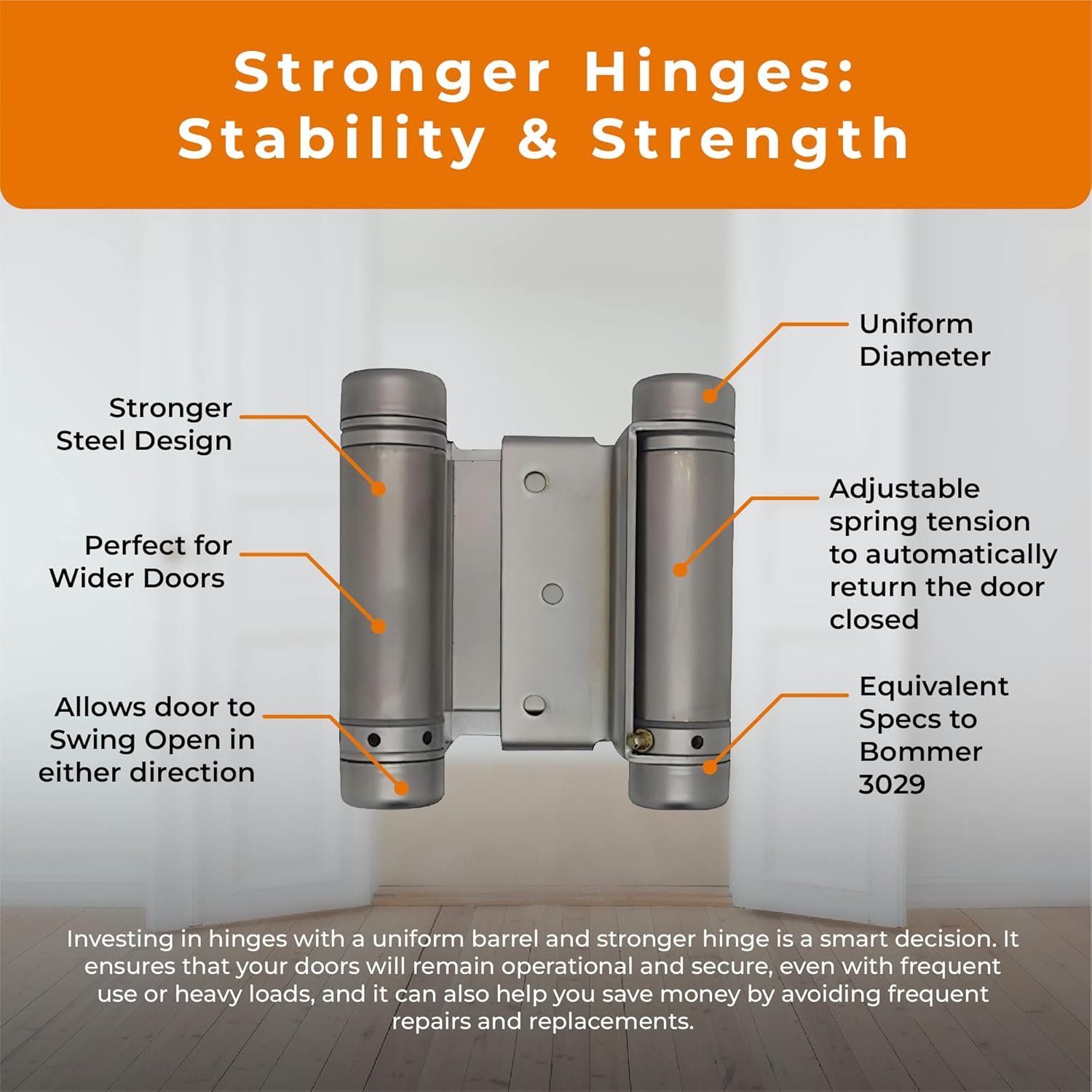 Double Action Spring Saloon Door Hinge | Cafe Doors, Door Hardware for in & Out Doorway Swing, Commercial Grade Double Swing Heavy Duty Door Hinge Variety of Sizes (Satin Chrome, 3 inch)