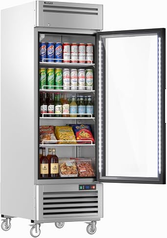 Coolski Commercial Refrigerator with Glass Door, 27W 21.8 Cu.ft. Display Beverage Cooler, Upright Stainless Steel Fridge with Built-in LED Strip Light for Convenience Stores, Restaurants, Bars