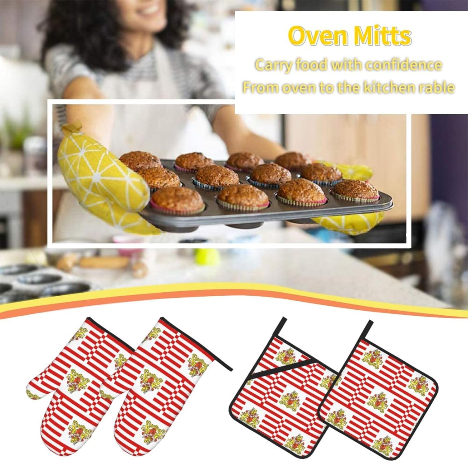 Flag of the Senate of Bremen Oven gloves and heat-resistant mat 4-piece set. Suitable for grilling, microwave oven frying, and baking