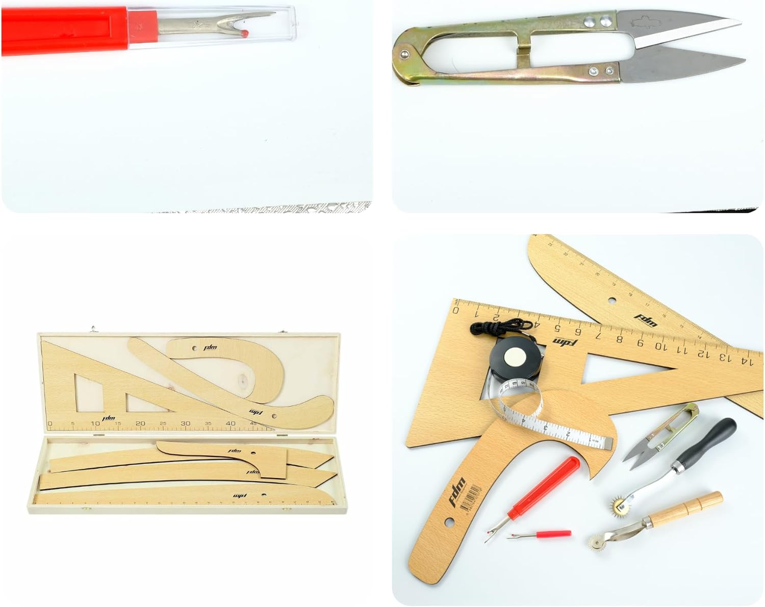 FDM 14 Piece Wooden Fashion Drawing Ruler Set: Curved & Straight Rulers, Miter Set, Special Cardboard Box