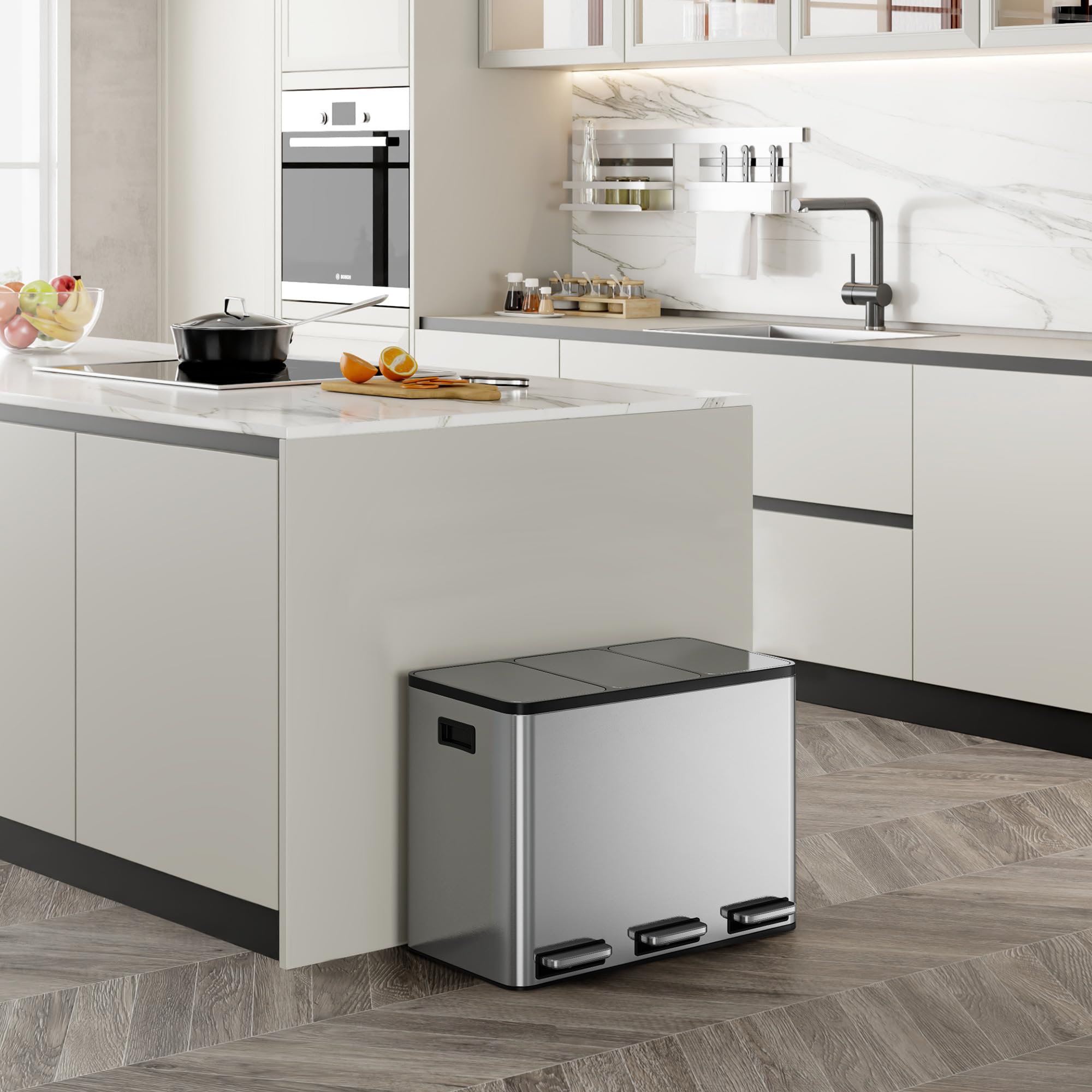 VonHaus Cubo de Basura Cocina Reciclaje, Contenedor Grande, Sistema de Separación de Residuos con Base Antideslizante y Compartimentos Extraíbles (Acero Inoxidable, 45 L (3 x 15 L)) | 3 x 15 L reciclaje sistema de separación de basura, base antideslizante
