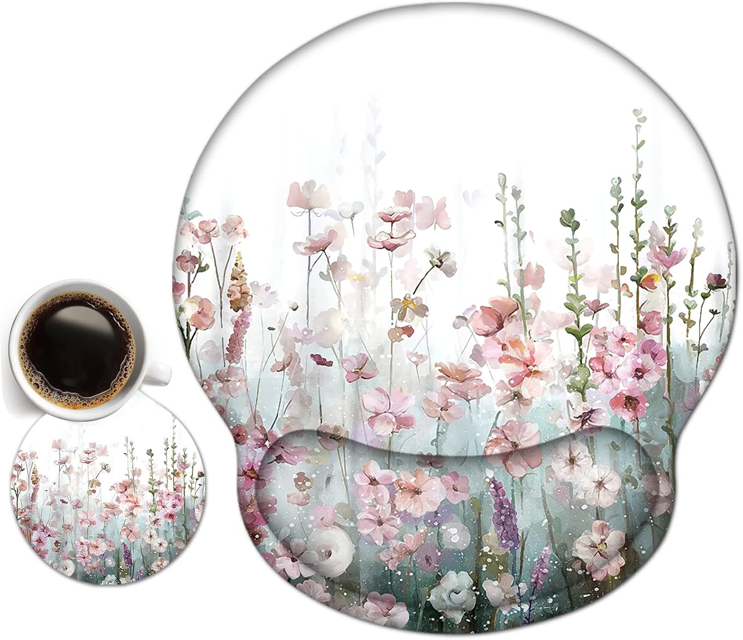 Dinky Ergonomic Mouse Pads, Cute Mouse Pad with Wrist Rest Support Gel, Non-Slip PU Base Mouse Mat with Memory Foam for Home, Office and Gaming, Easy Typing & Pain Relief (Blooming Flower)