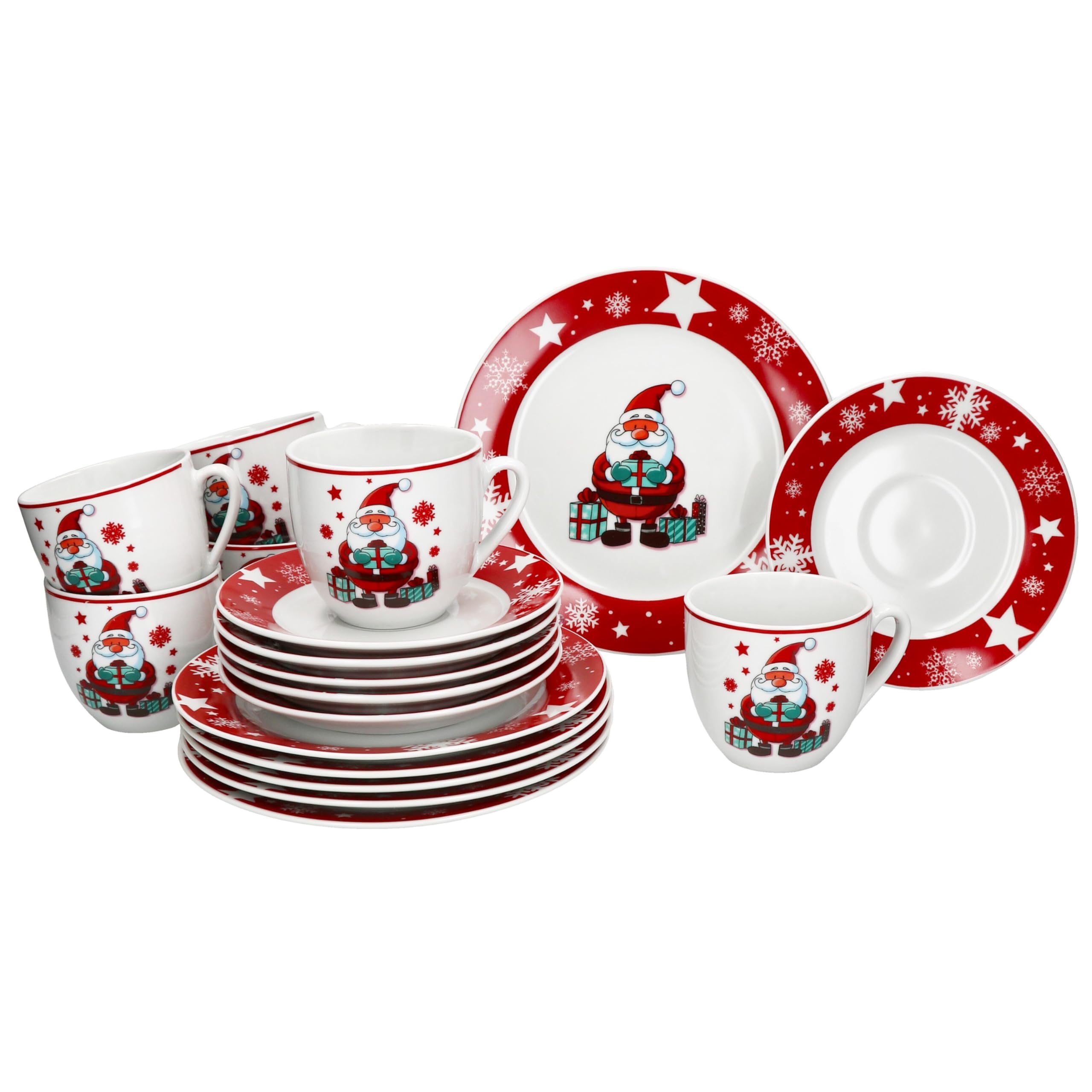 MamboCat Service à café Père Noël pour 6 à 18 pièces en porcelaine avec décoration de Noël – Comprend 6 tasses à café, soucoupes, assiettes à gâteau – Vaisselle de vacances
