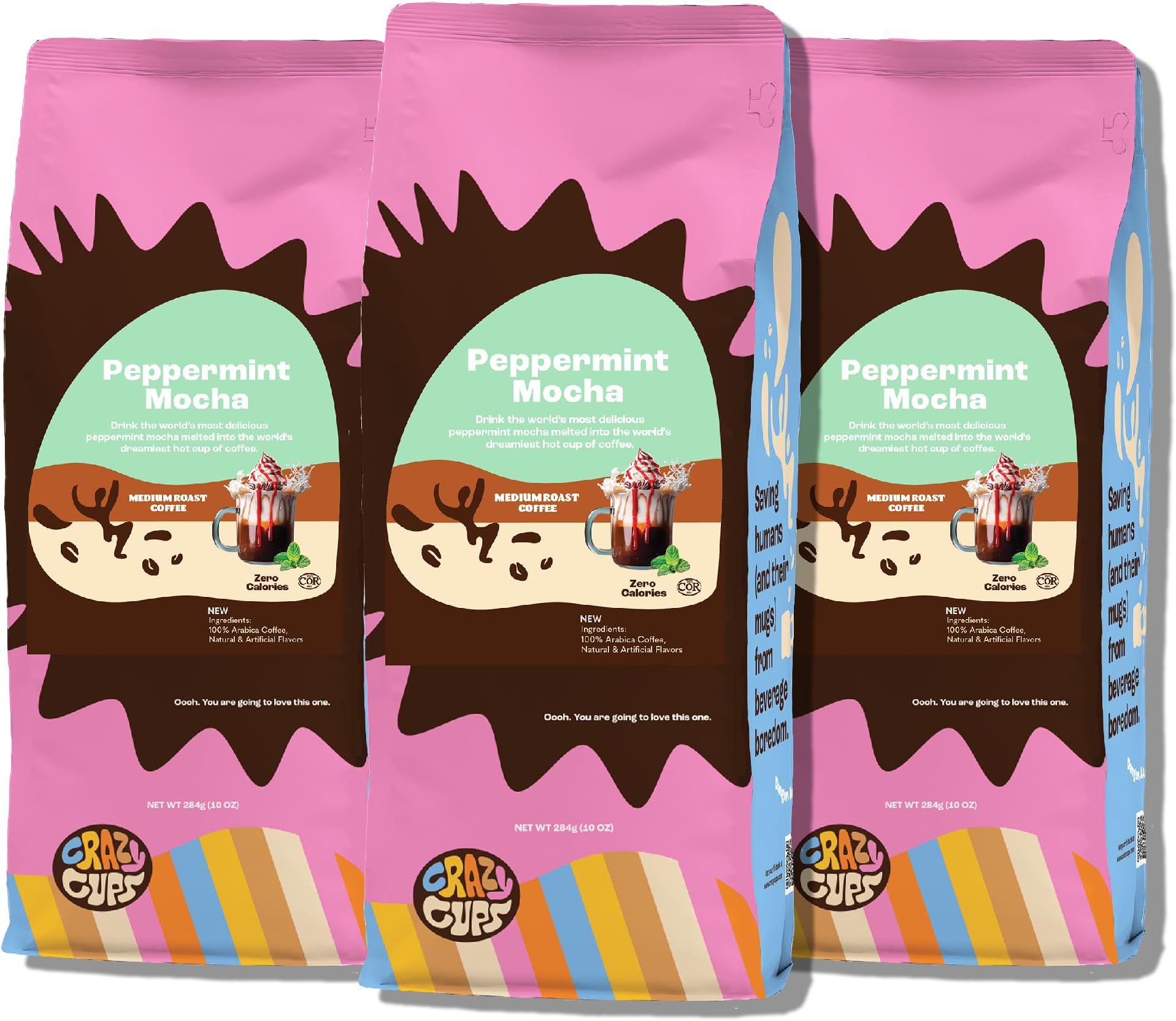 Crazy Cups Flavored Ground Peppermint Coffee, Peppermint Mocha Coffee in 10 oz Bag, For Brewing Flavored Hot or Iced, (Pack of 3)