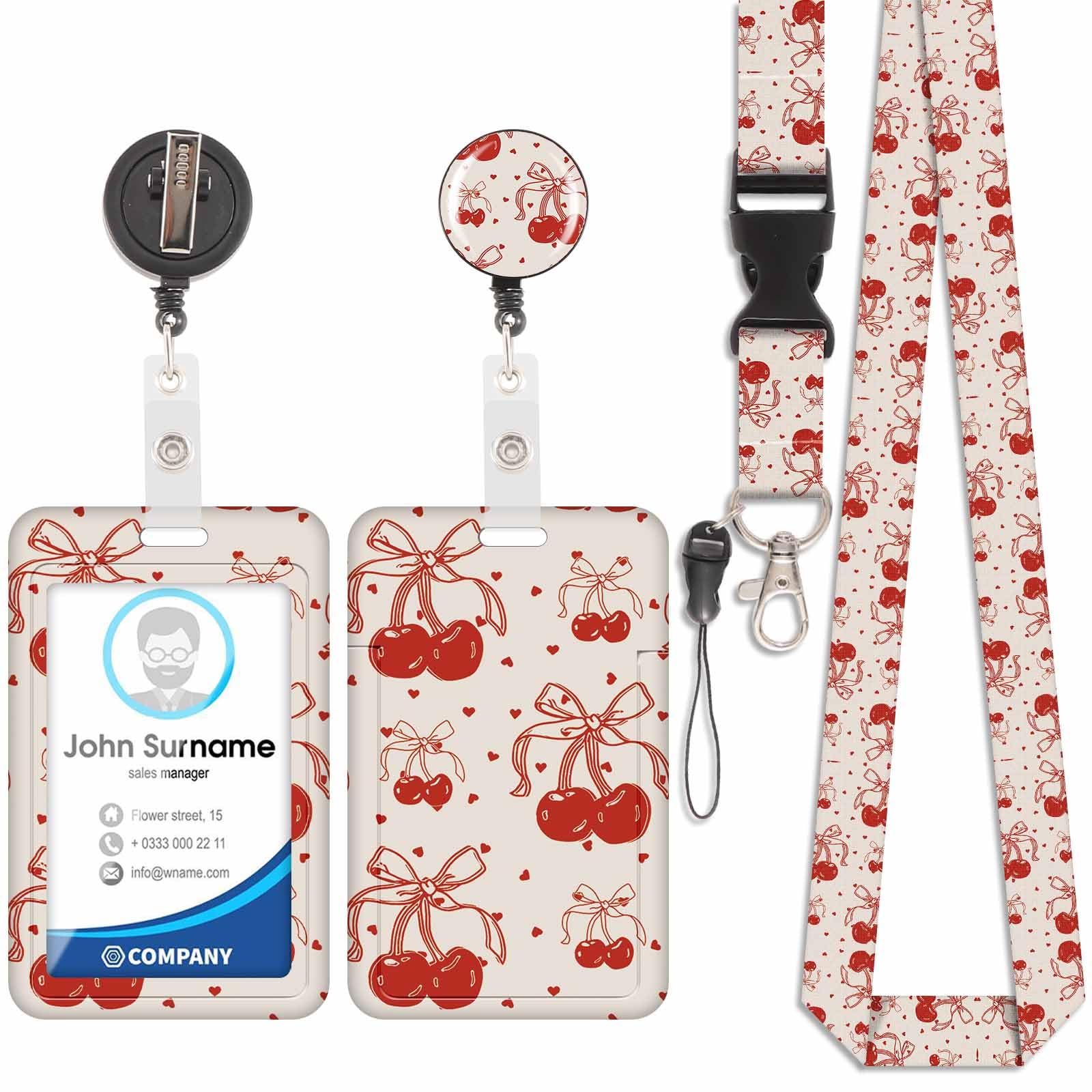 Badge Holder with Lanyard, ID Badge Holders with Detachable Cute Lanyard, Retractable Badge Reel Carabiner Clip, Personalized Vertical Card Cover Case Protector for Nurse Teacher Student (Cherry-4)