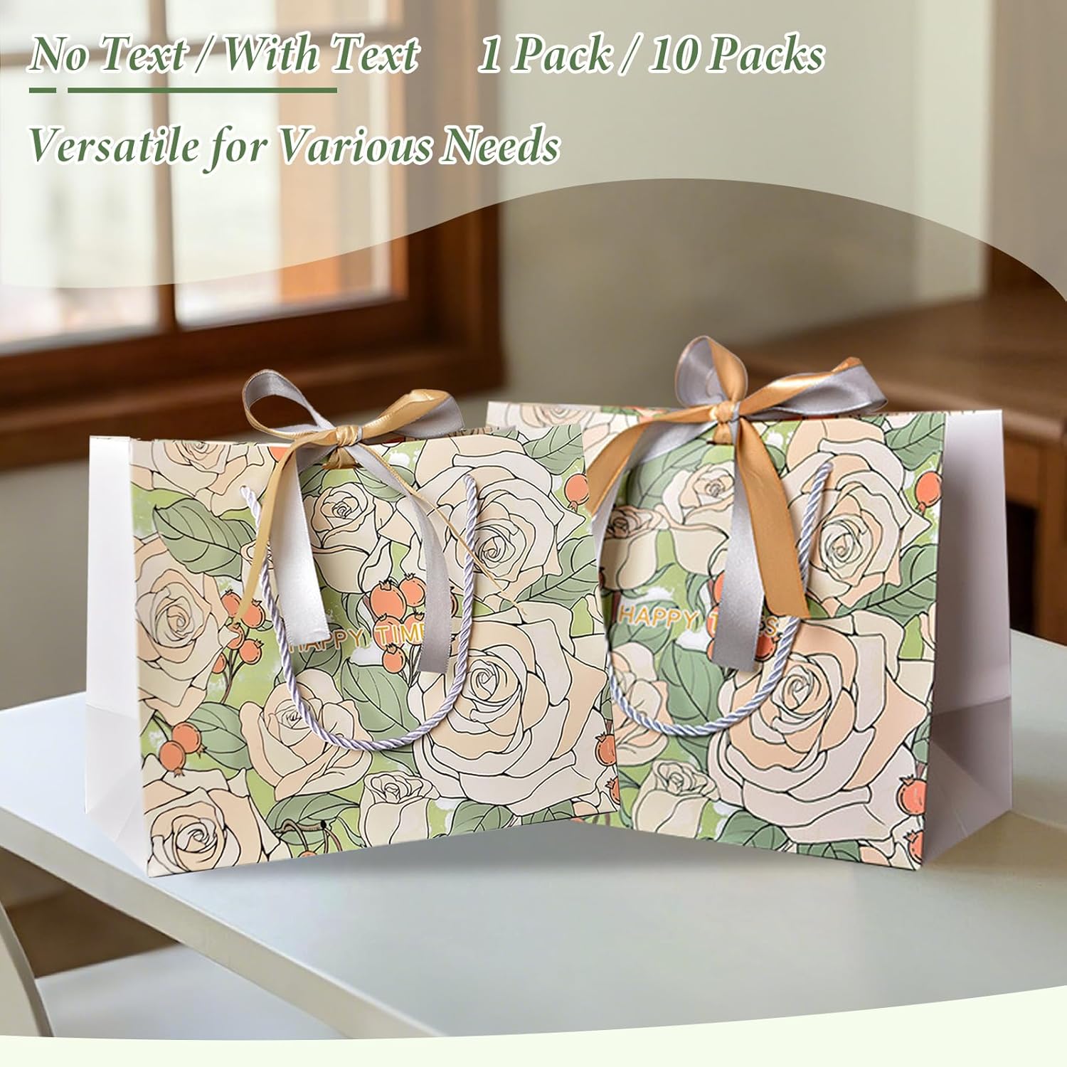 FAYEVIVI Large Gift Bag With 2 Tissue Paper And Greeting Card，Rose Floral & Double-layer ribbon Present Bag with Handles for Women Girls Bridesmaid Birthday Valentines Wedding Party (10)