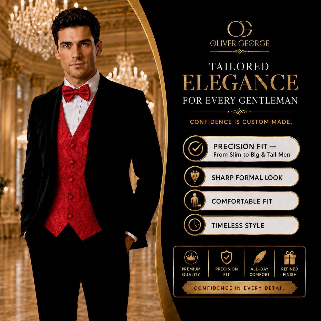 Oliver George 2pc Men's Paisley Formal Suit Vest Waistcoat Tuxedo Dress Vest Bowtie Set for Suit or Tuxedo