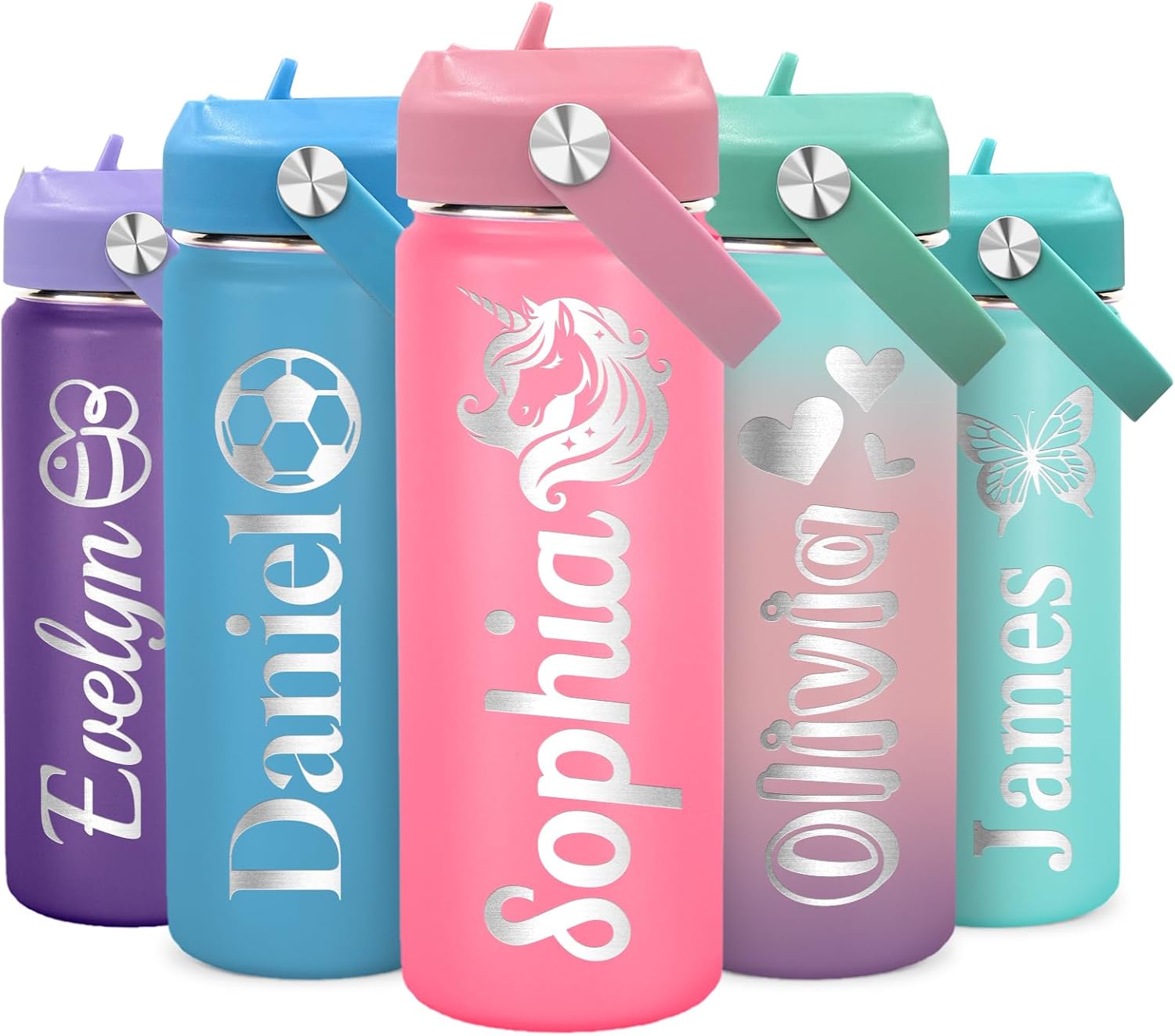 Made in USA - Personalized 18oz Kids Water Bottle for School w/Engraved Name - Custom Thermos Kids Water Bottle with Leak-Proof Lid - Personalized Gifts for Boys Girls Toddlers - BPA-Free (PINK)