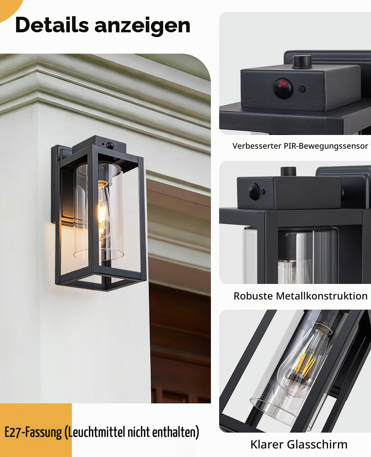 FTL Aussenlampe mit Bewegungsmelder, 3 Beleuchtungsmodi Außenleuchte Wand, Aussenleuchte E27, Aussenbeleuchtung Hauswand, Schwarz Wandleuchte Aussen Dämmerungsschalter Außenlampe für Veranda Yard IP44