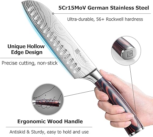 Vista 5 de PAUDIN Cuchillo Santoku, Cuchillo de Cocina de 7 Pulgadas, Filo Ultra Afilado - Acero Inoxidable Alemán Forjado de Alto Carbono, Cuchillo de Chef