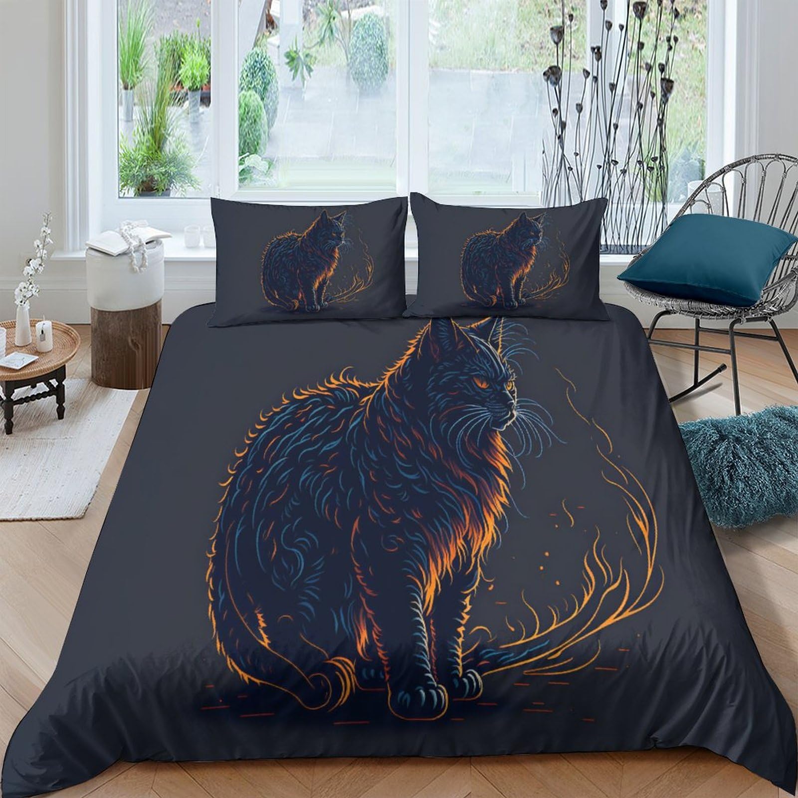 Housse de couette chat noir 200x200 parure de lit 3 pièces microfibre