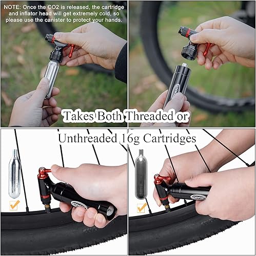 Miniatura 3 de CXWXC Inflador de CO2 con 4 cartuchos de CO2 de 0.56 oz y kit de reparación de neumáticos sin cámara - Compatible con válvula PrestaSchrader - Bomba