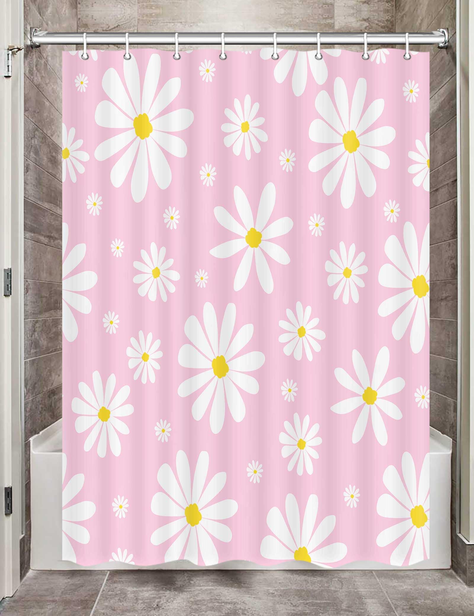 Pink Daisy Floral Camper RV Shower Curtain for Travel Trailer Bathroom, Cute Boho Groovy Retro Flower Camping Small Narrow Shorter Fabric Shower Curtains Set, Happy Camp Decor with Hooks 47X64