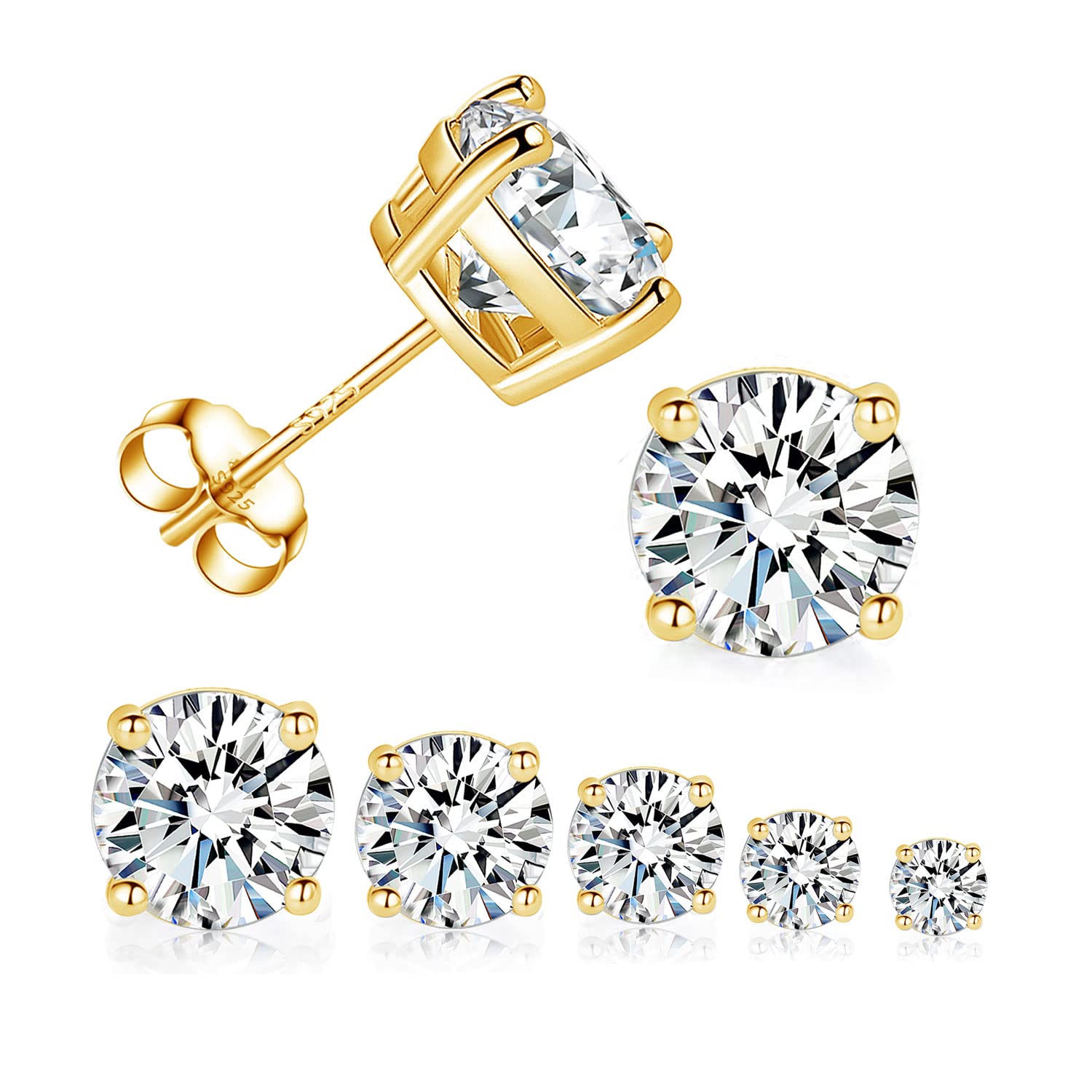 925 Sterling Silver Stud Earrings Set for Women and Men, Square Round Cubic Zirconia Princess Cut Hypoallergenic Earrings Pack of 5 Pairs 3-7mm