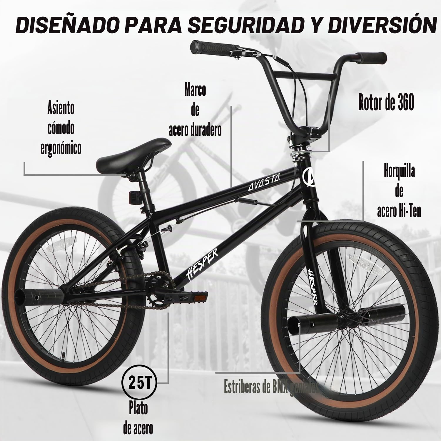 AVASTA Hesper Bicicleta infantil de 20 pulgadas Freestyle BMX con 4 Pegs Bicicletas para niños de 6 a 14 años y principiantes, color negro con neumáticos marrones