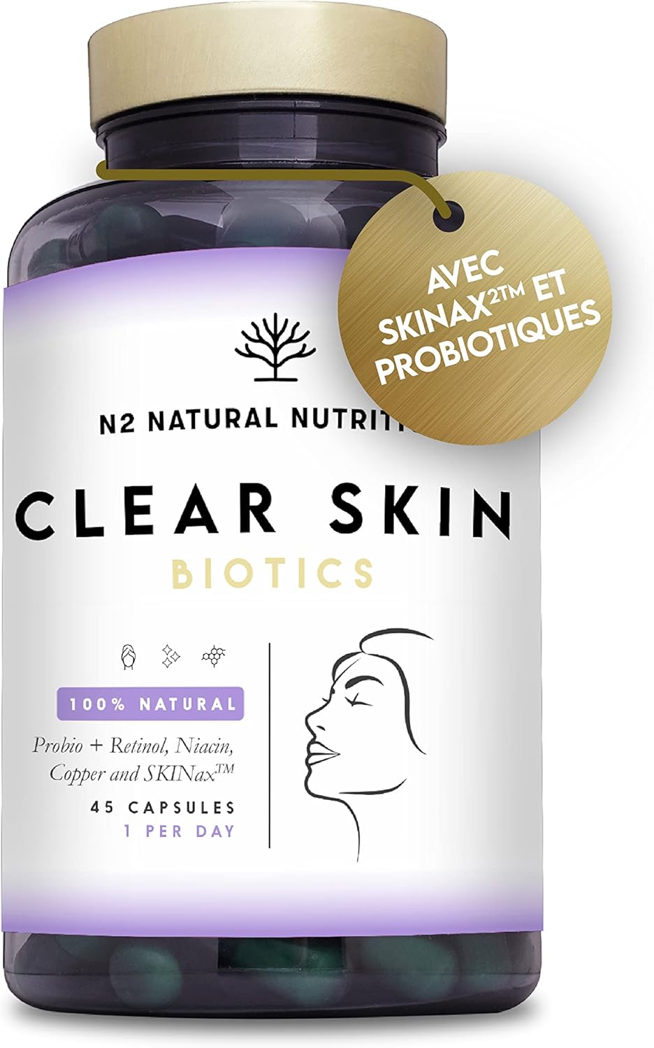 Anti-imperfections avec 9 ingrédients actifs, traitement anti-cernes éclaircissant pour la décoloration des taches de couleur, avancé pour le visage et le corps. 45 gélules. CE. N2 Natural Nutrition