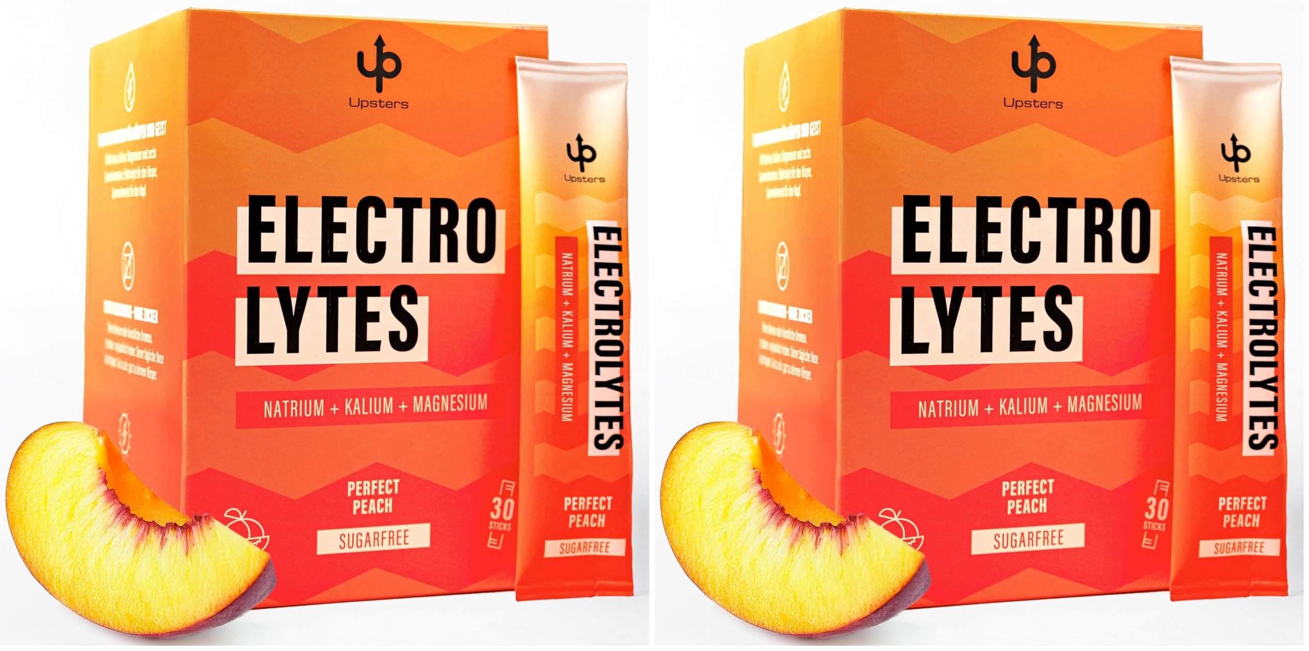 Upsters Electrolytes Perfect Peach | Elektrolyte ohne Zucker mit Mineralstoffen & Cholin | 30 Sticks | Zuckerfreies Pulver für Alltag & Sport | Vegan & Keto (30 Portionen, Pfirsich) (Packung mit 2)