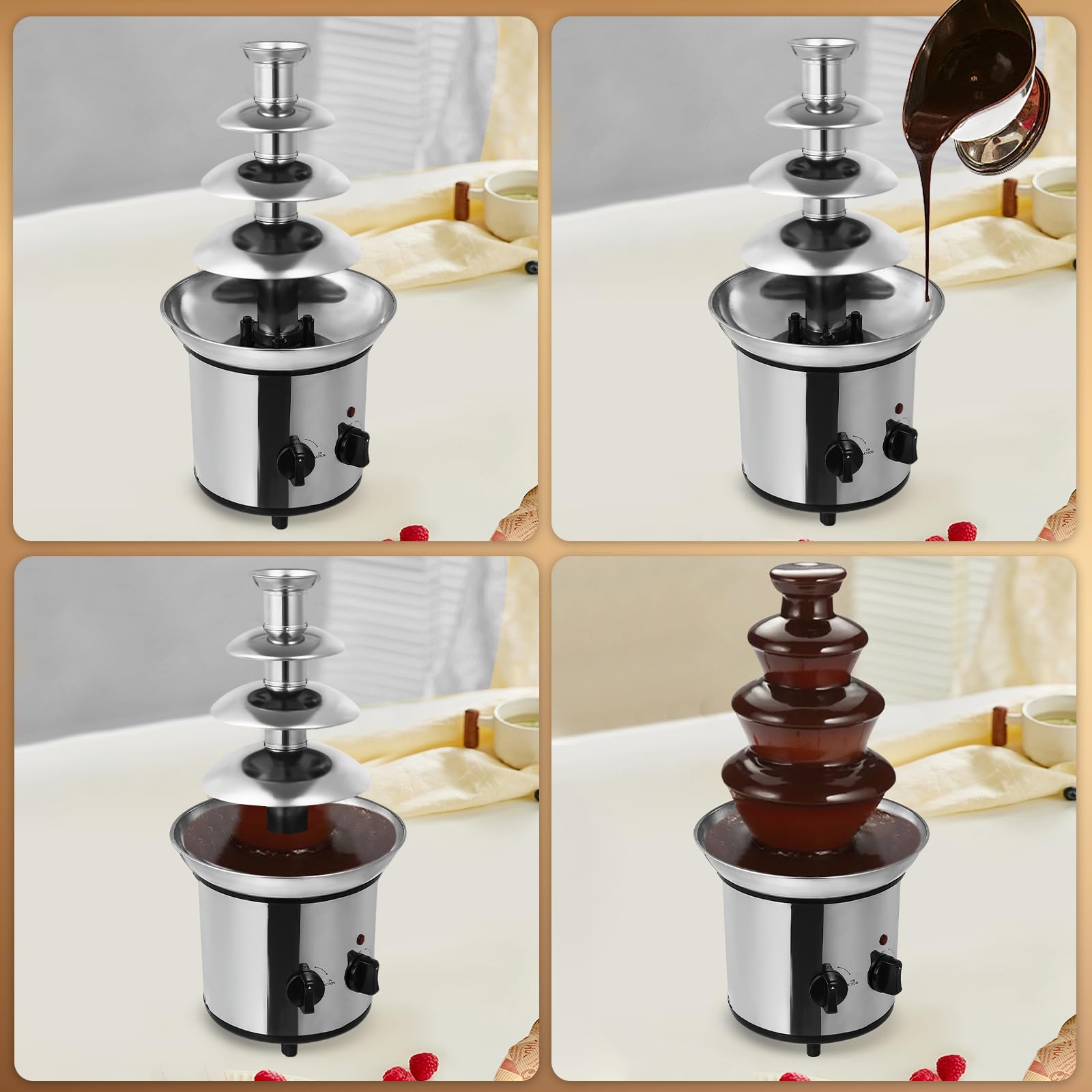 4-Etagen Schokobrunnen mit Schmelzfunktion, 170W Elektrisch Schokoladenbrunnen Schokoladenfondue Maschine, 1.8L/60.86oz Kapazität Edelstahl Schokoladen Brunnen für Familie Party Geburtstag Hochzeitd