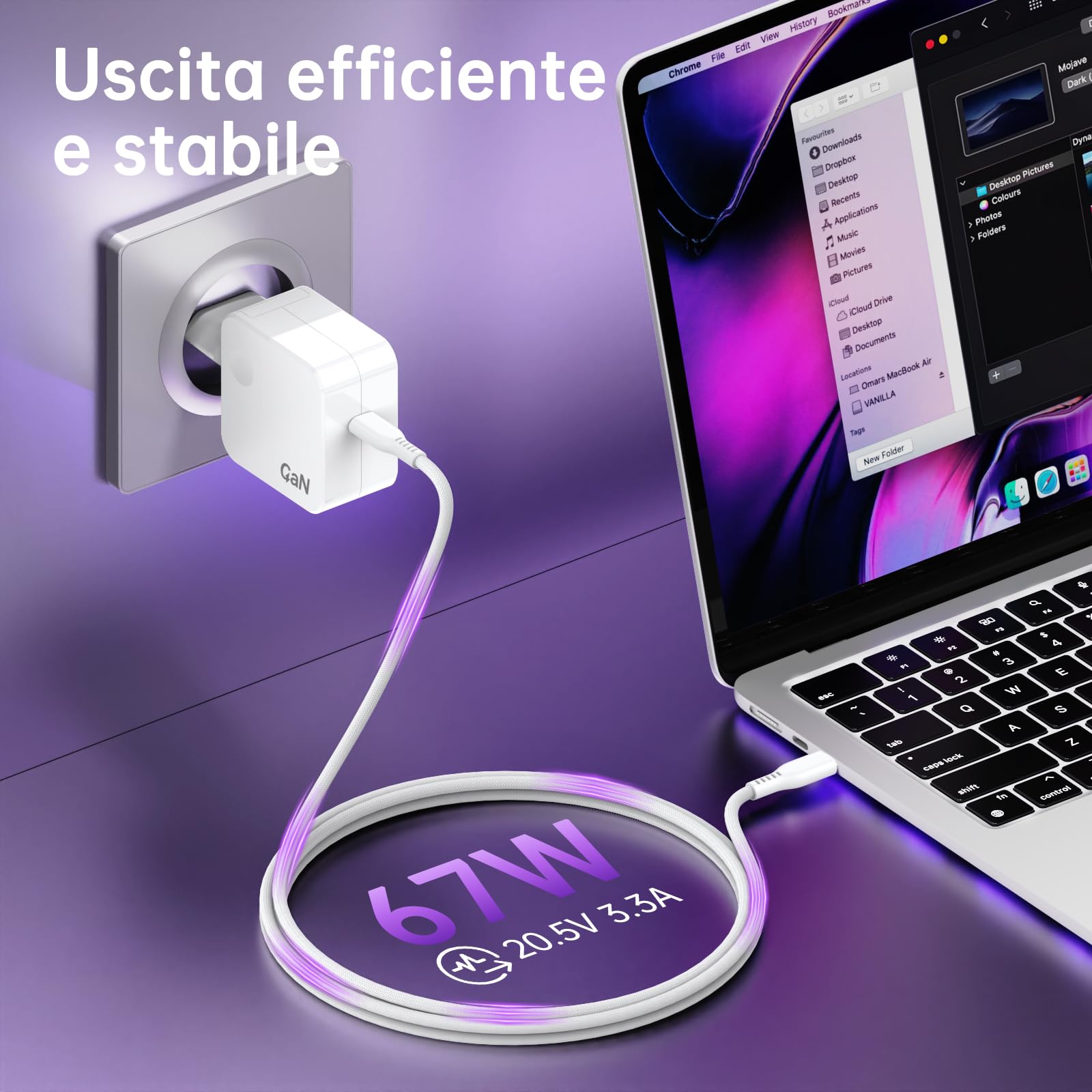 67W Caricatore GaN USB C per MacBook Pro/Air/Neo M4 M3 M2 M1 2025 2024 2023 2022 2021 2020, Lenovo ThinkPad, Samsung Galaxy, HP, ASUS, 65W Caricabatterie Alimentatore Ricarica Rapida PD3.0, Bianco