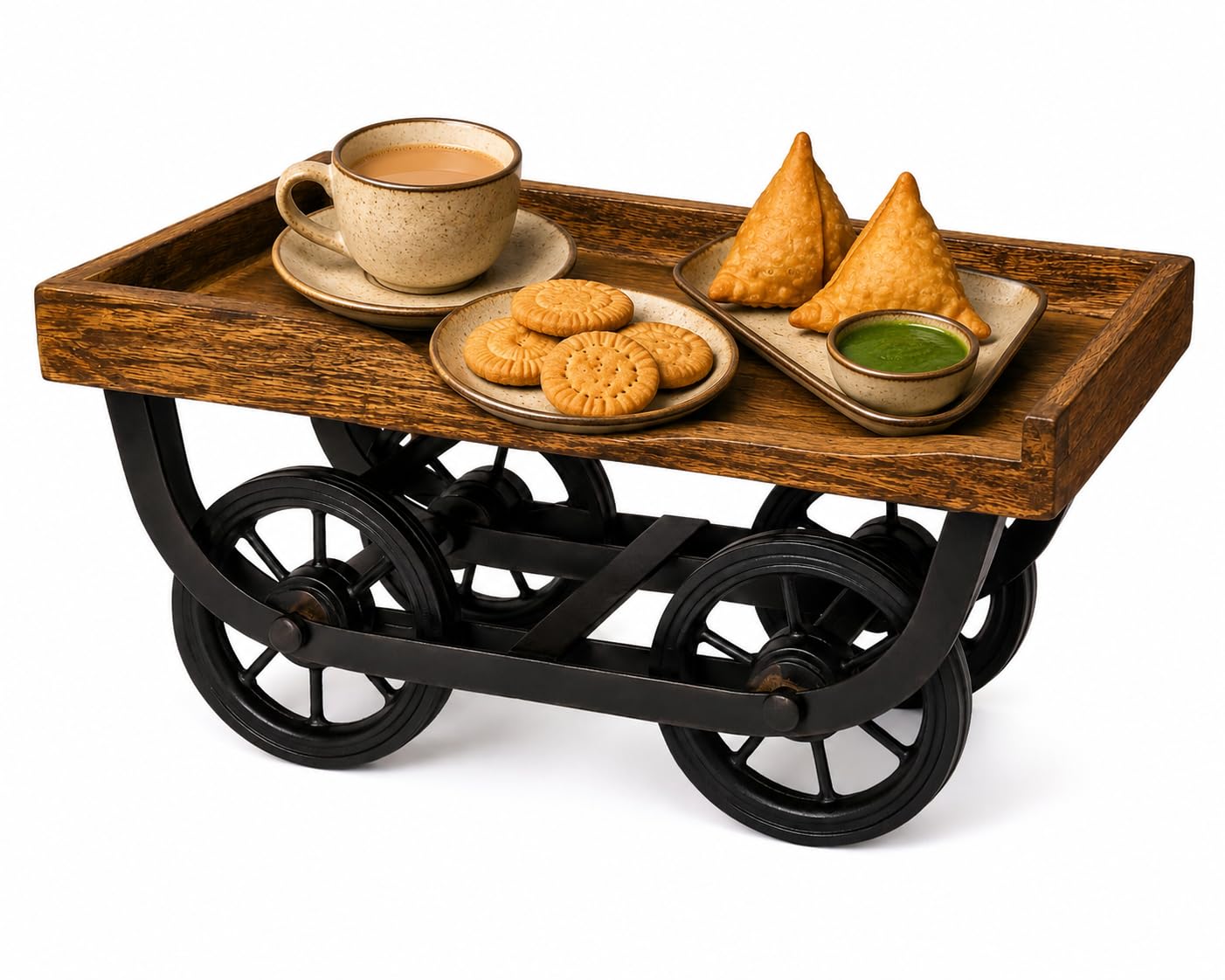 wooden serving trolley cart with 4 wheels | rustic wooden tray table with metal frame | multipurpose rolling tea, coffee & food serving cart for home, kitchen & living room