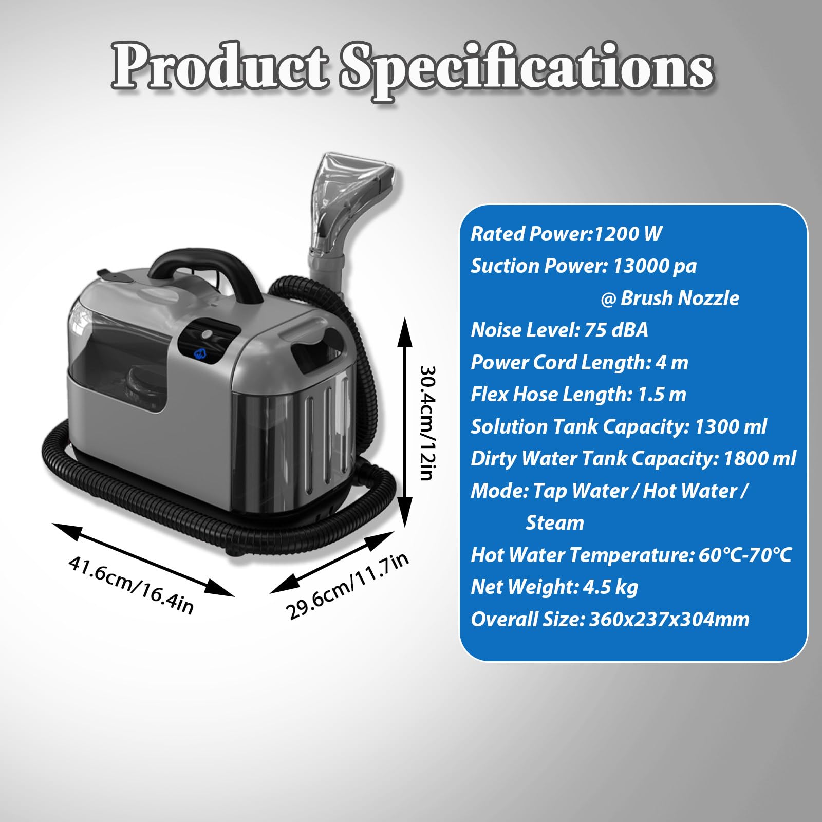 Aspirador Tapicerias con Agua Aspiradora Agua Tapiceria 1800ml Tanque de Agua Sucia 1300ml Tanque de Solución 4.5kg Peso Neto, con Conector, para Auto/Casa, Familias con Mascotas 220V-Grey