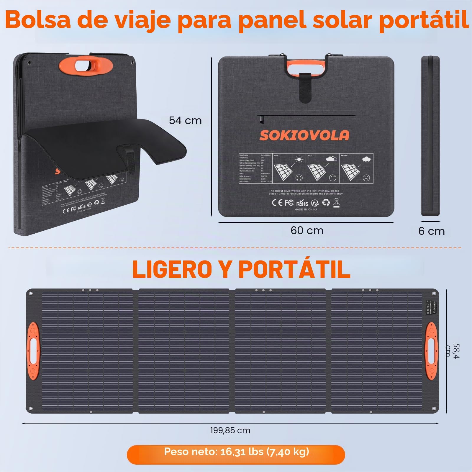SOKIOVOLA N-Type 16BB 200W Panel solar portátil para EF/Jackery/Bluetti/Anker, panel solar plegable de 20 V, 25% de alta eficiencia, IP68, impermeable, para viajes al aire libre, caravana, camping