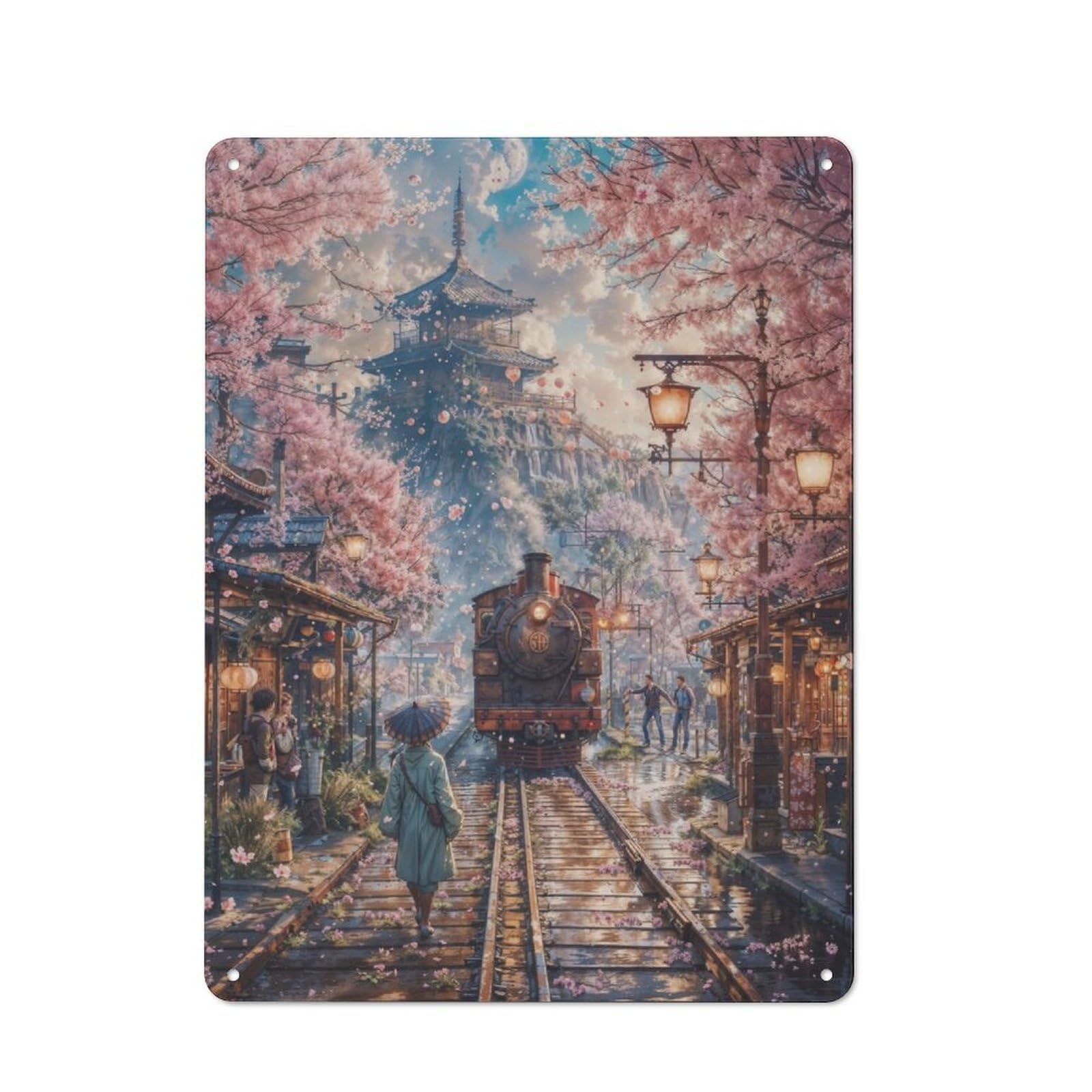 Junmoney Japan Cherry Blossom Train Metal Sign 40X30cm With For Workshop Wall, Retro Decor, For Garage, Workshop And Man Cave Decoration