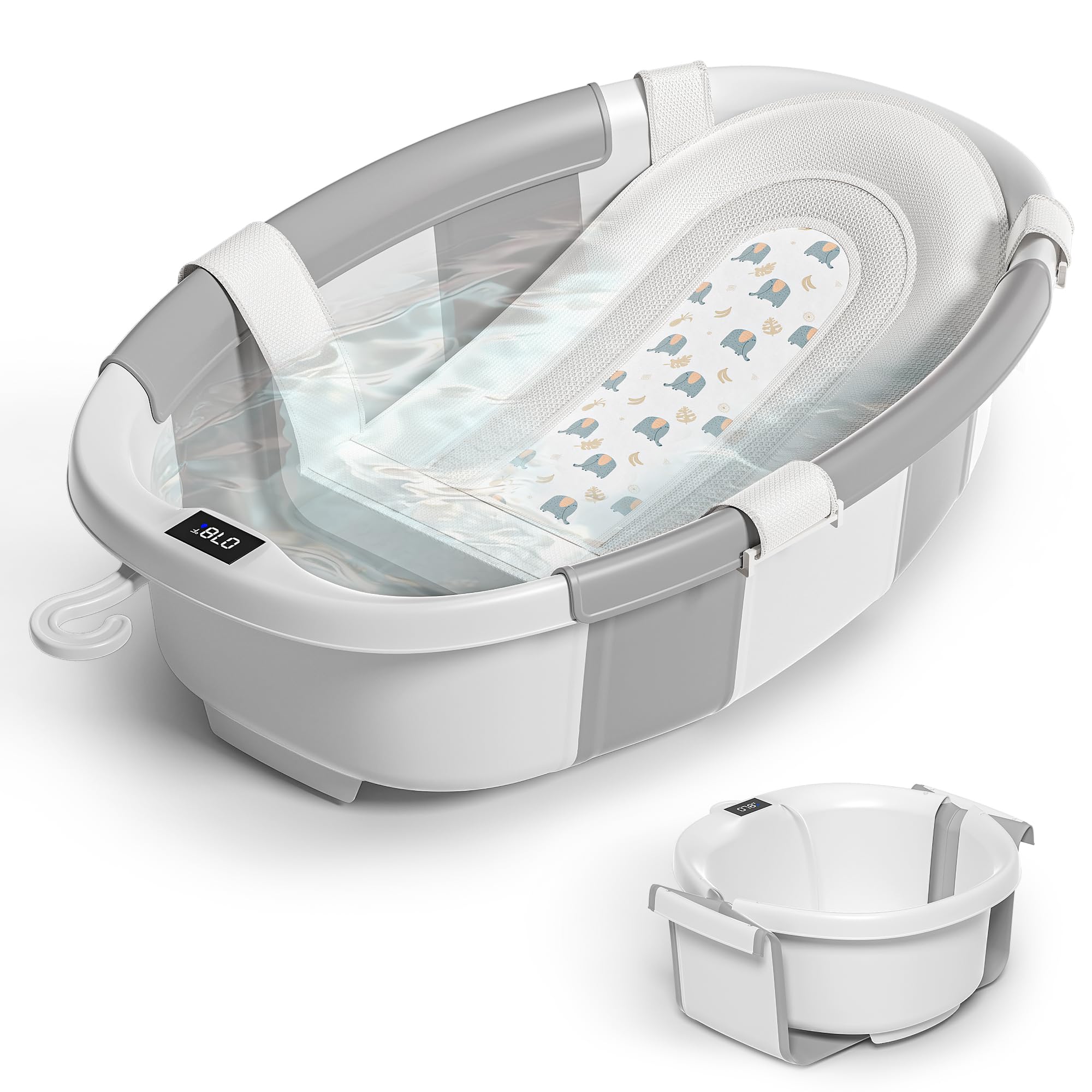 collapsible baby bathtub for newborn to toddler 0-36 months, spacious foldable infant bath tub with thermometer, cushion & drain hole, portable travel tub grey