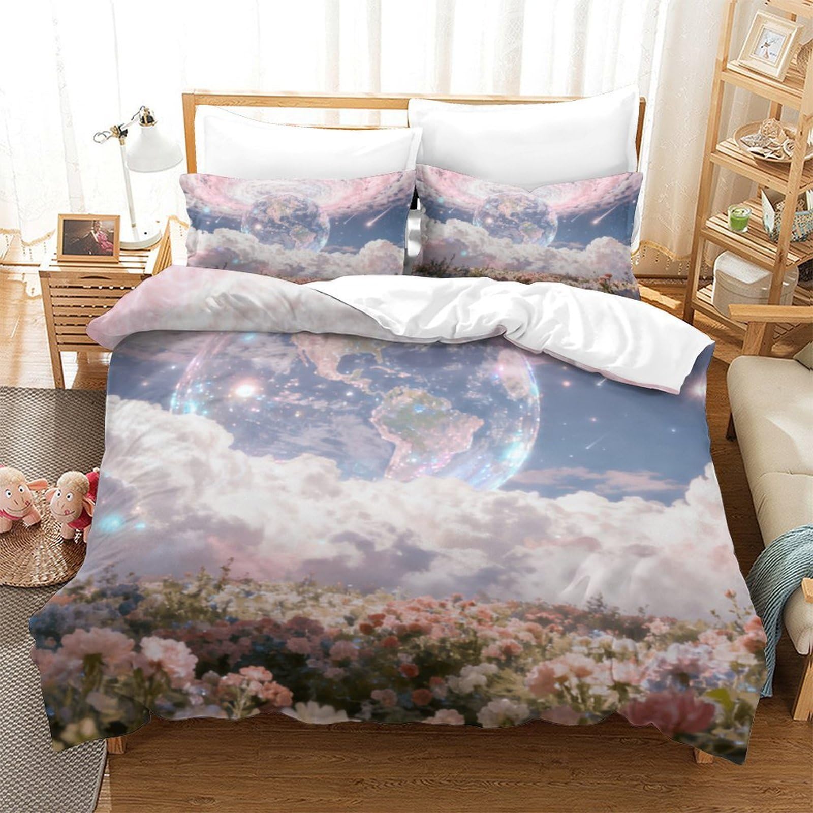 Housse de couette nuages floraux pour déco de chambre zen